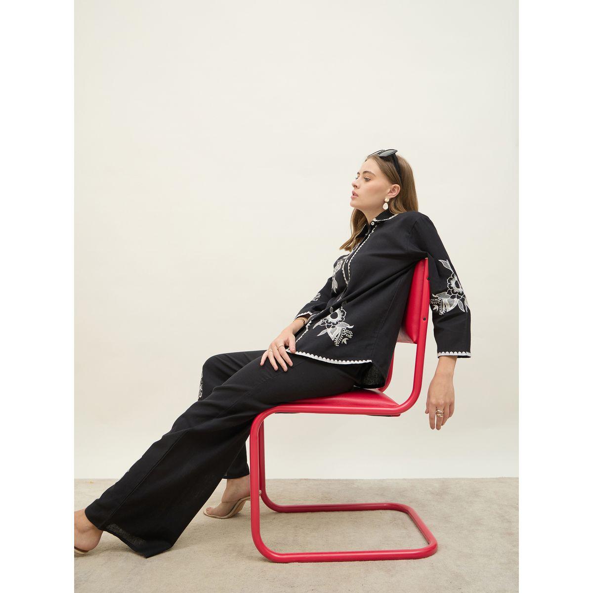 Styli Embroidered Long Sleeve Shirt and Wide Leg Pants Co-Ords-women-clothing-coordsets-image-8