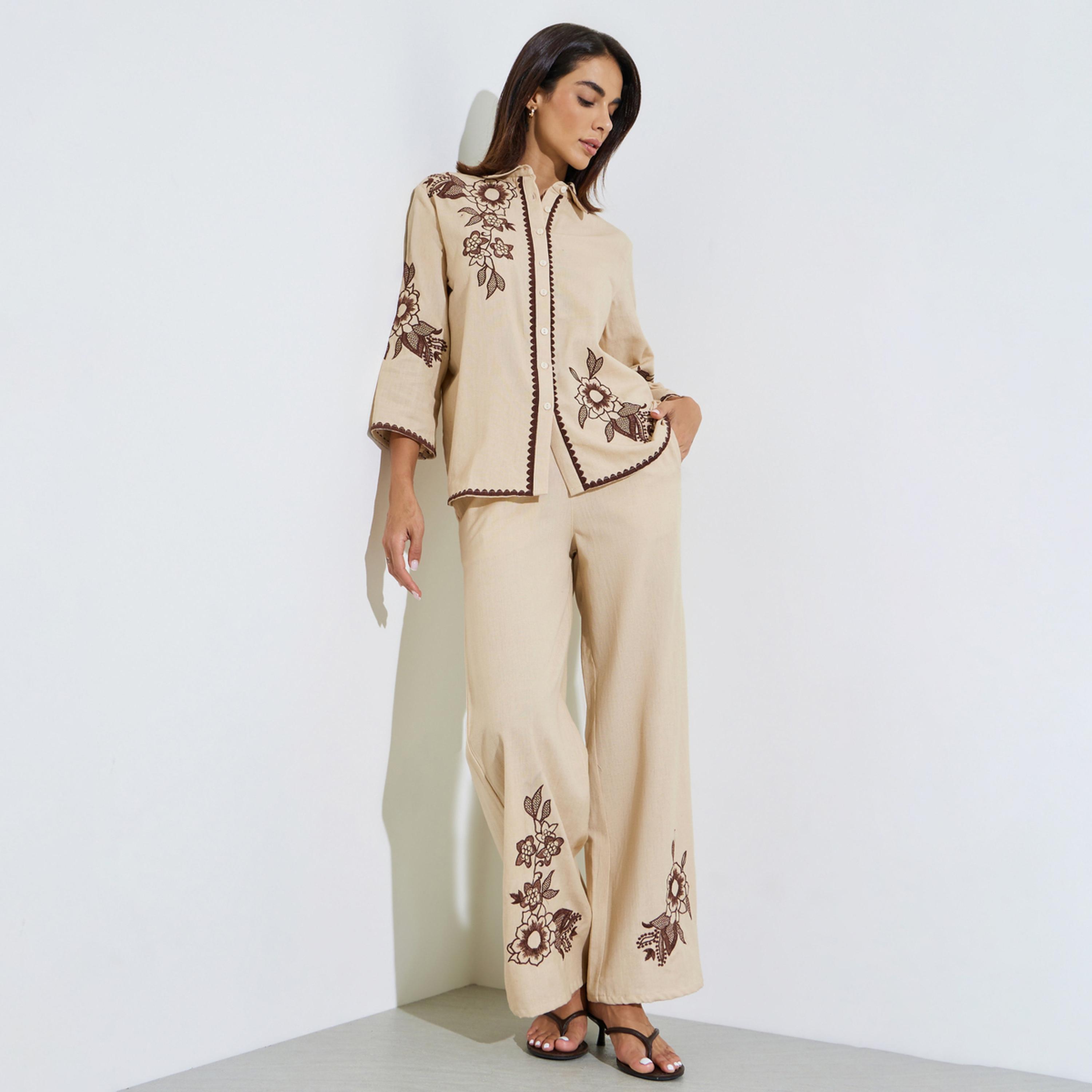 ستايلي - طقم مكون من قميص بيج مطرز وبنطال واسع الساقين-women-clothing-coordsets-image-1