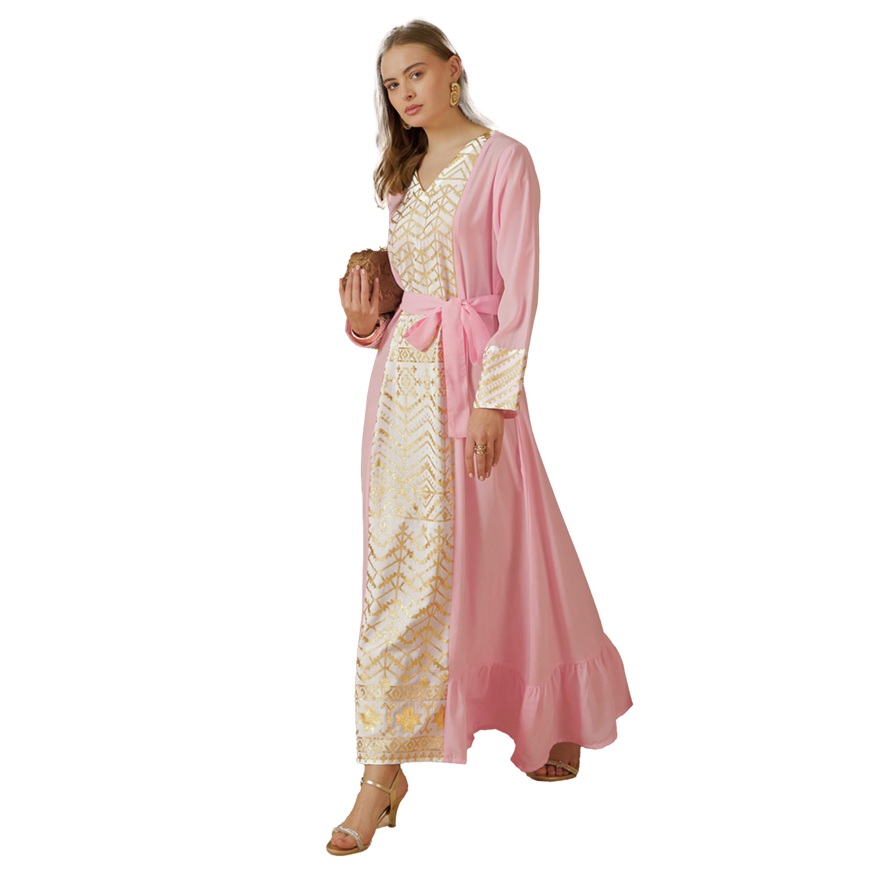 Styli Foil Print Panelled Jalabiya with Tie-Up Detail-women-arabicclothing-jalabiyas-image-1