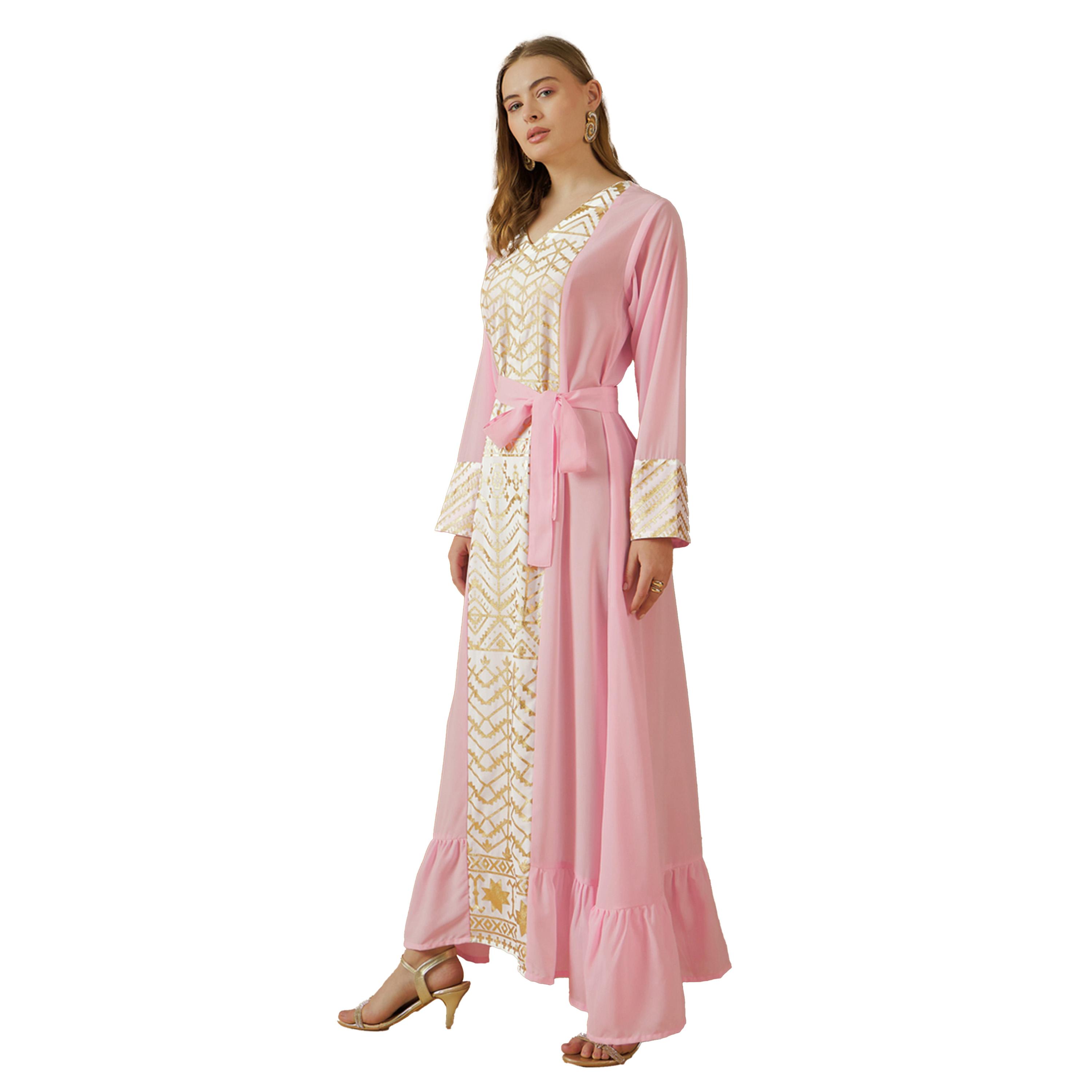 Styli Foil Print Panelled Jalabiya with Tie-Up Detail-women-arabicclothing-jalabiyas-image-3