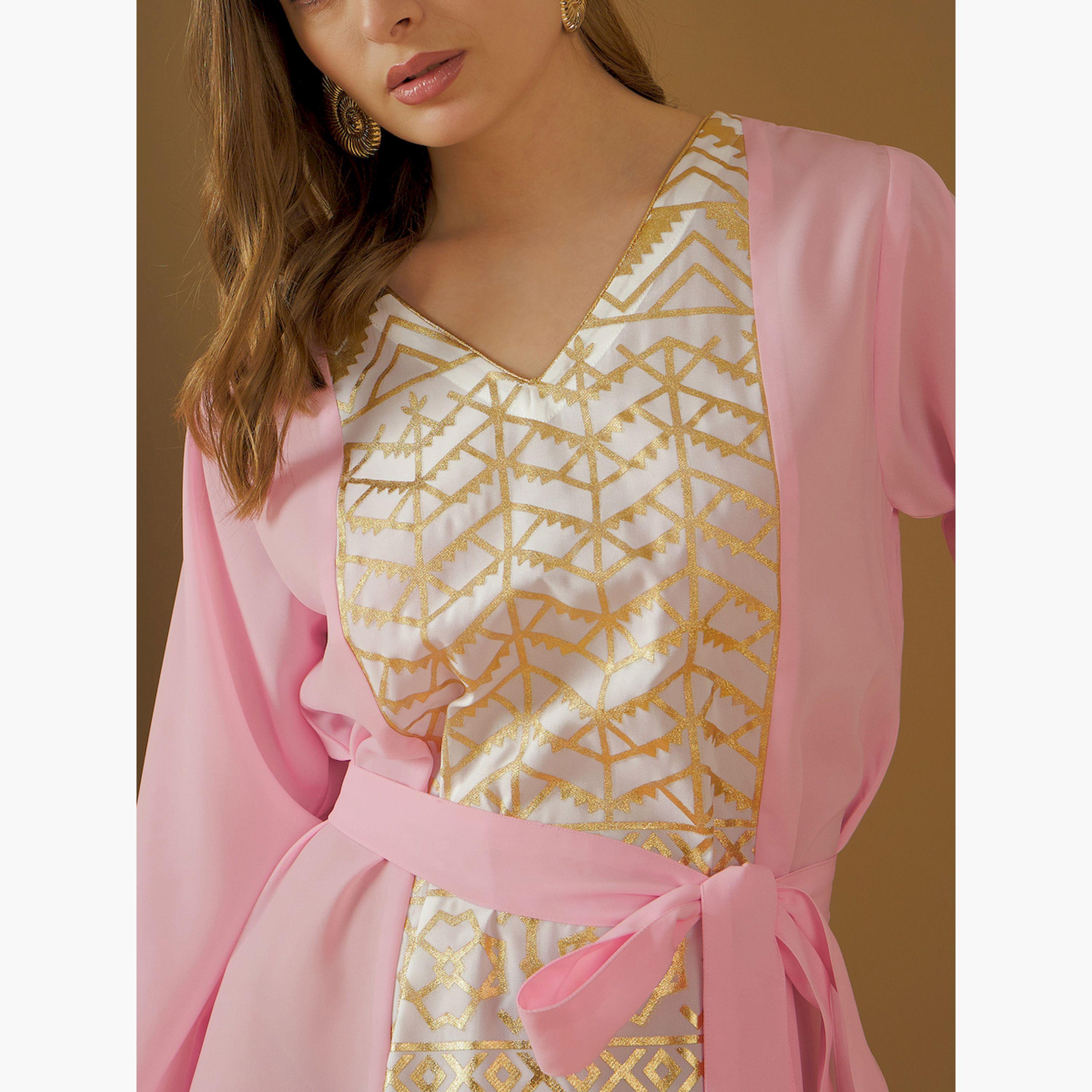 ستايلي - جلابية مطبوعة بفويل مع تفاصيل ربط-women-arabicclothing-jalabiyas-image-4