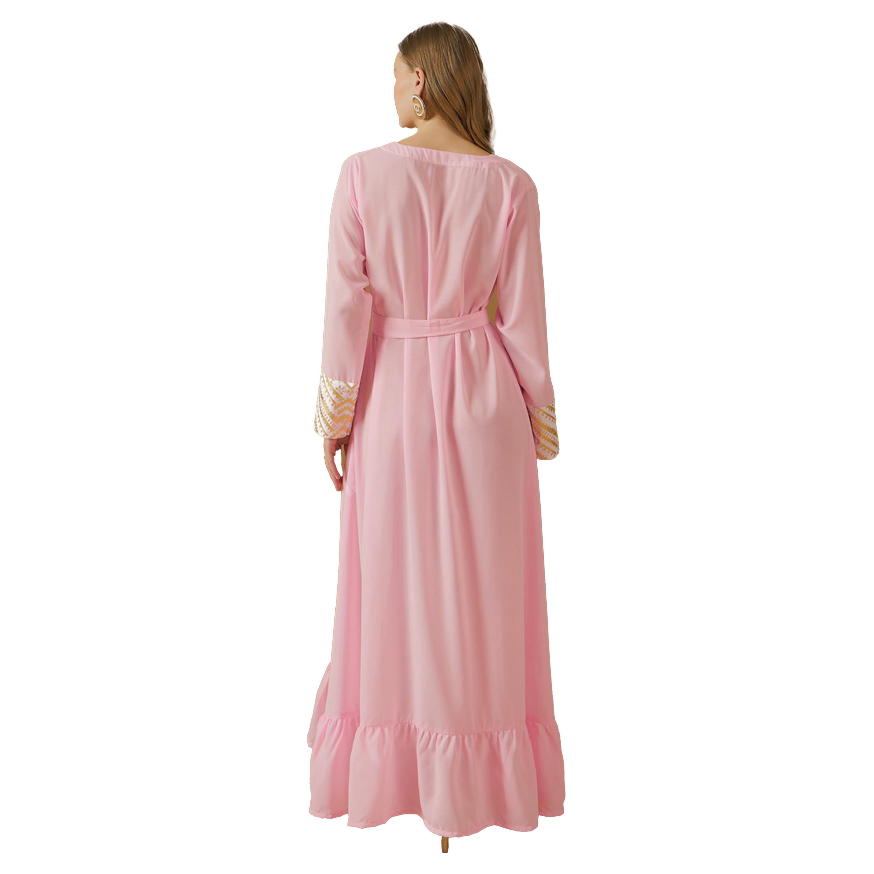 Styli Foil Print Panelled Jalabiya with Tie-Up Detail-women-arabicclothing-jalabiyas-image-5