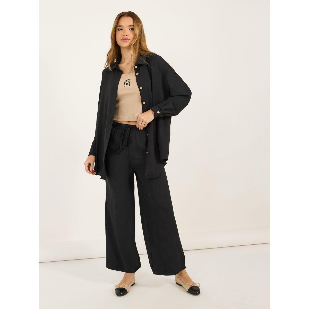 Styli Textured Oversized Shirt and Wide Leg Pants Co-Ords-women-clothing-coordsets-image-1