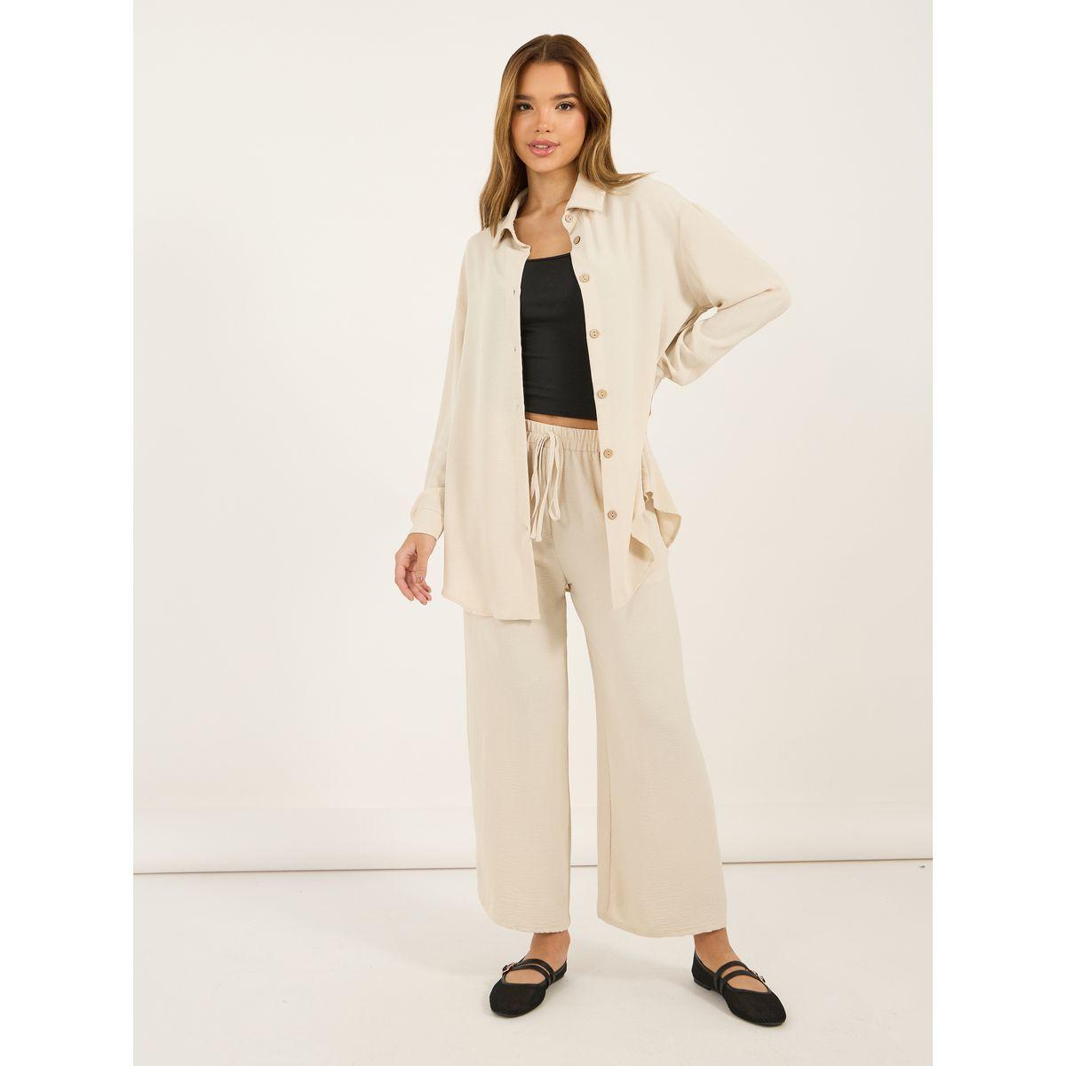 Styli Textured Oversized Shirt and Wide Leg Pants Co-Ords-women-clothing-coordsets-image-1