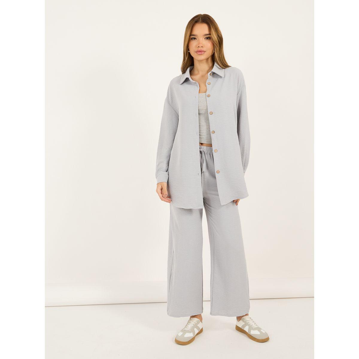 Styli Textured Oversized Shirt and Wide Leg Pants Co-Ords-women-clothing-coordsets-image-1
