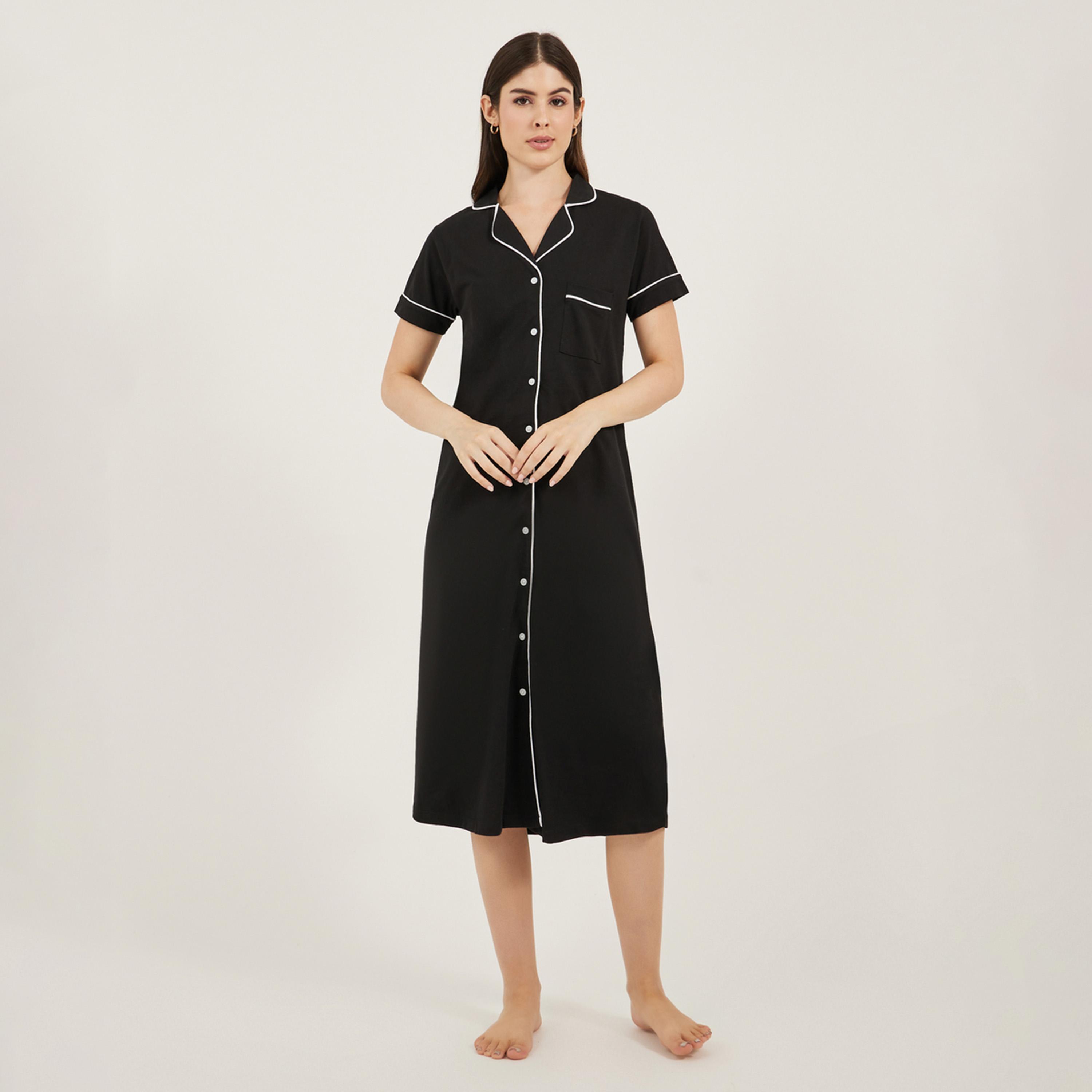 Styli Contrast Piping Buttoned Night Shirt with Pocket-women-clothing-nightwear-nighties-image-1