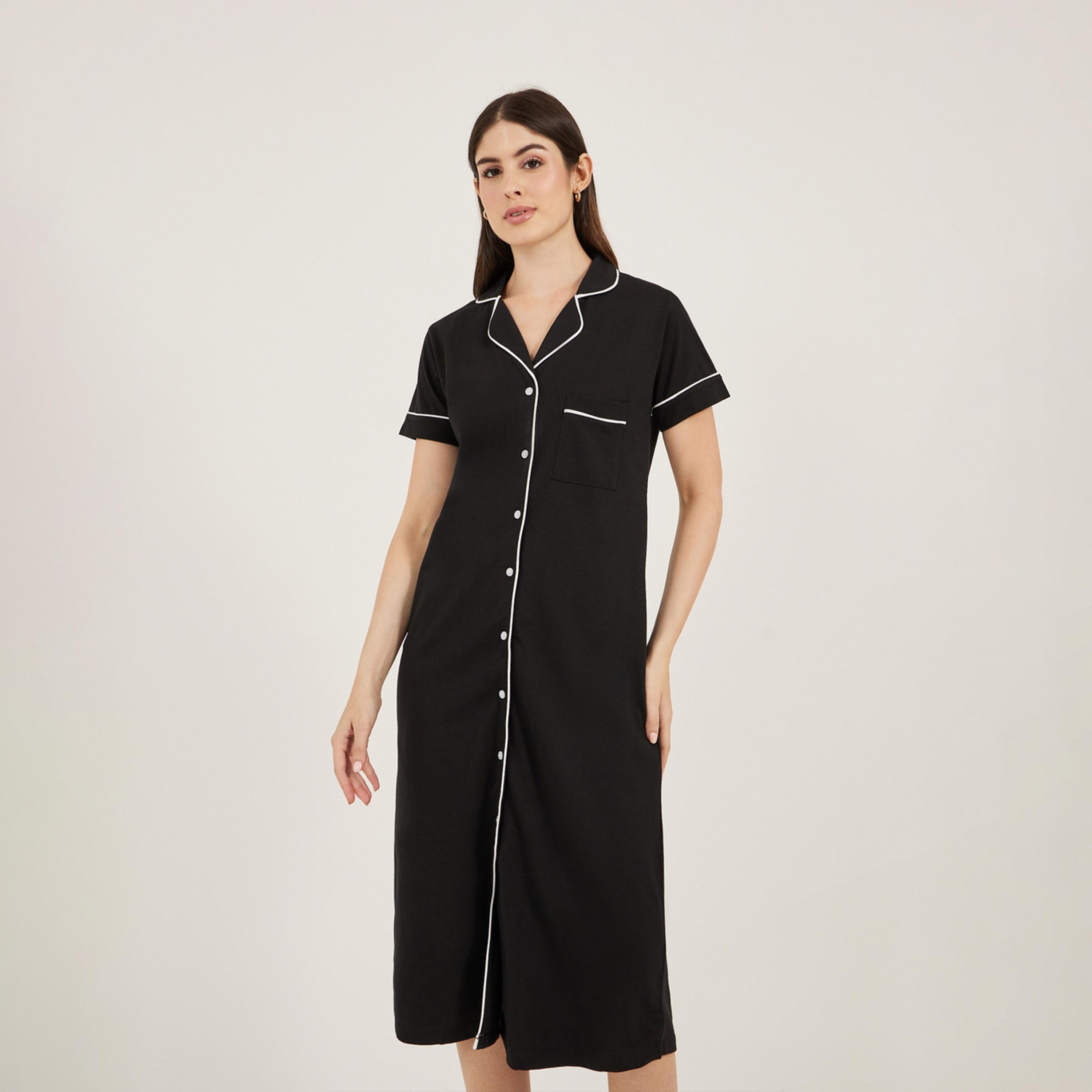Styli Contrast Piping Buttoned Night Shirt with Pocket-women-clothing-nightwear-nighties-image-2