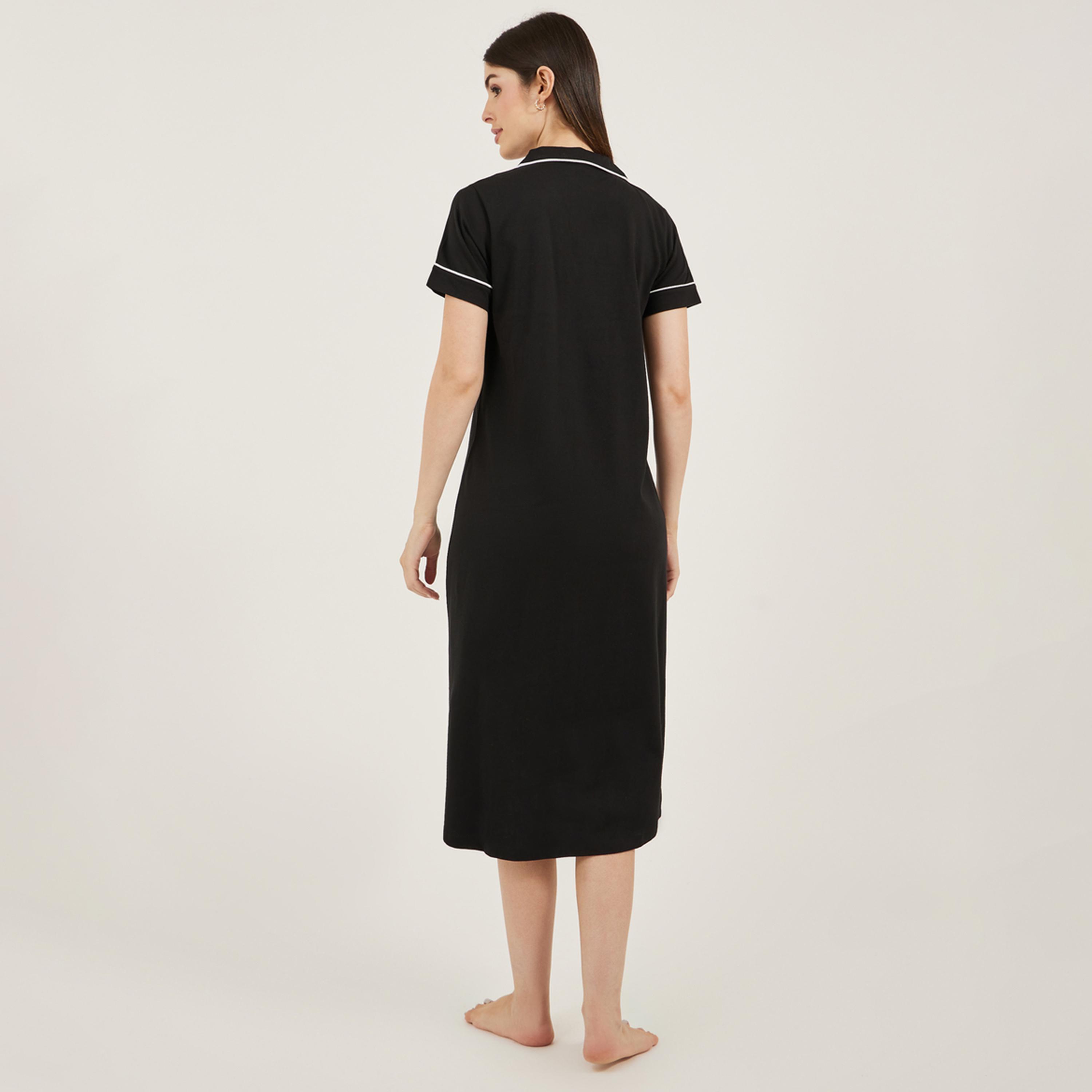 Styli Contrast Piping Buttoned Night Shirt with Pocket-women-clothing-nightwear-nighties-image-4
