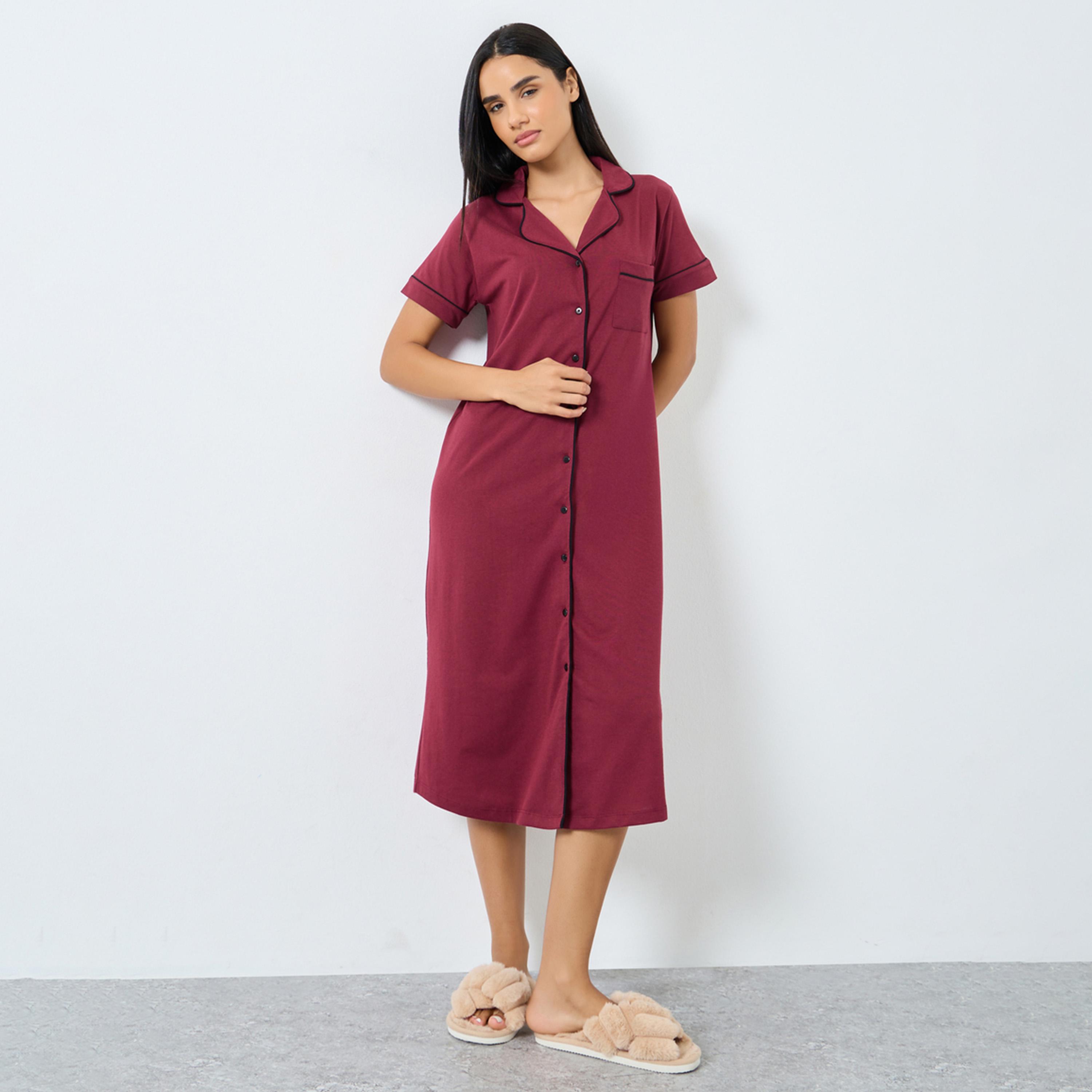 Styli Contrast Piping Buttoned Night Shirt with Pocket-women-clothing-nightwear-nighties-image-1