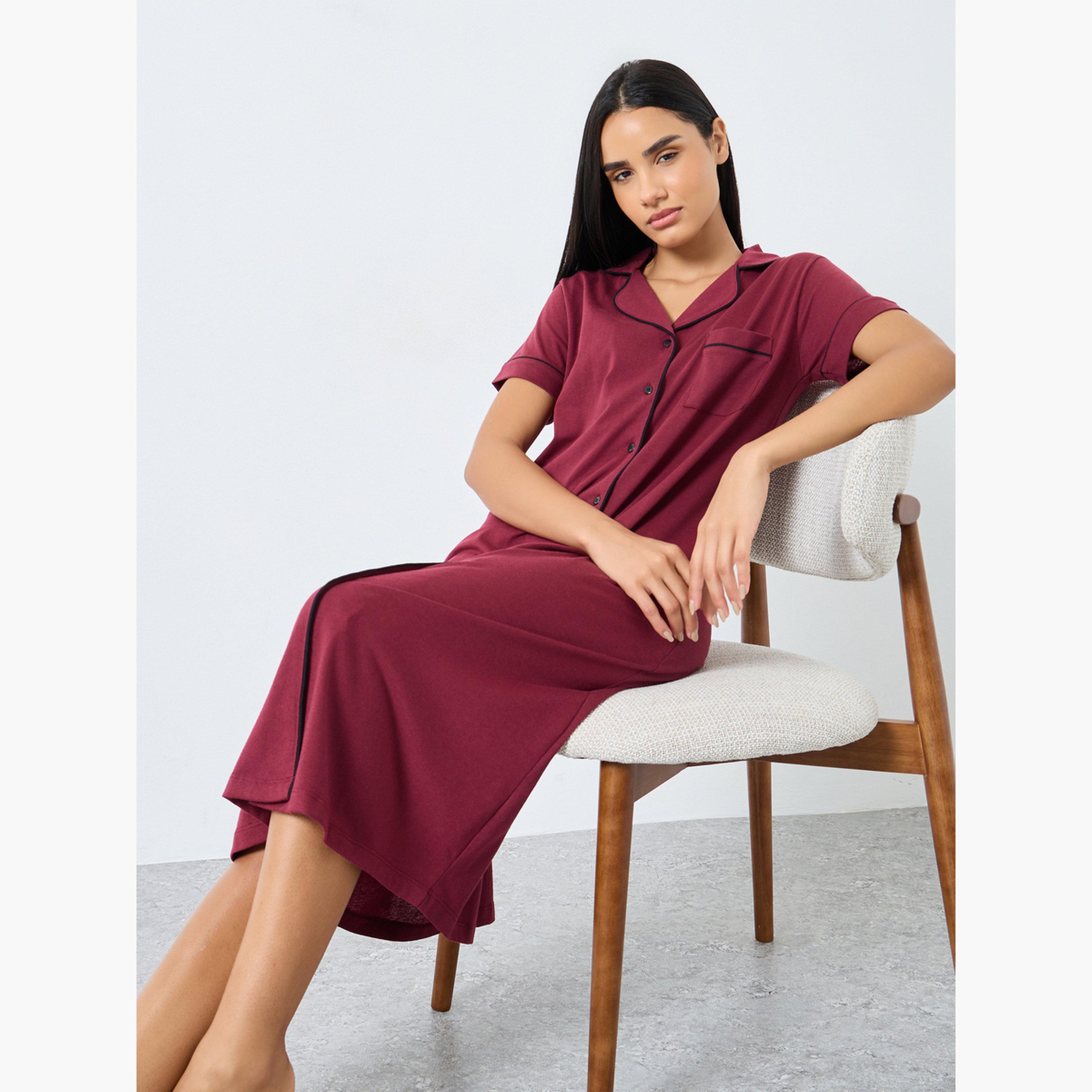ستايلي - قميص نوم بأزرار متباينة الألوان وجيب-women-clothing-nightwear-nighties-image-2