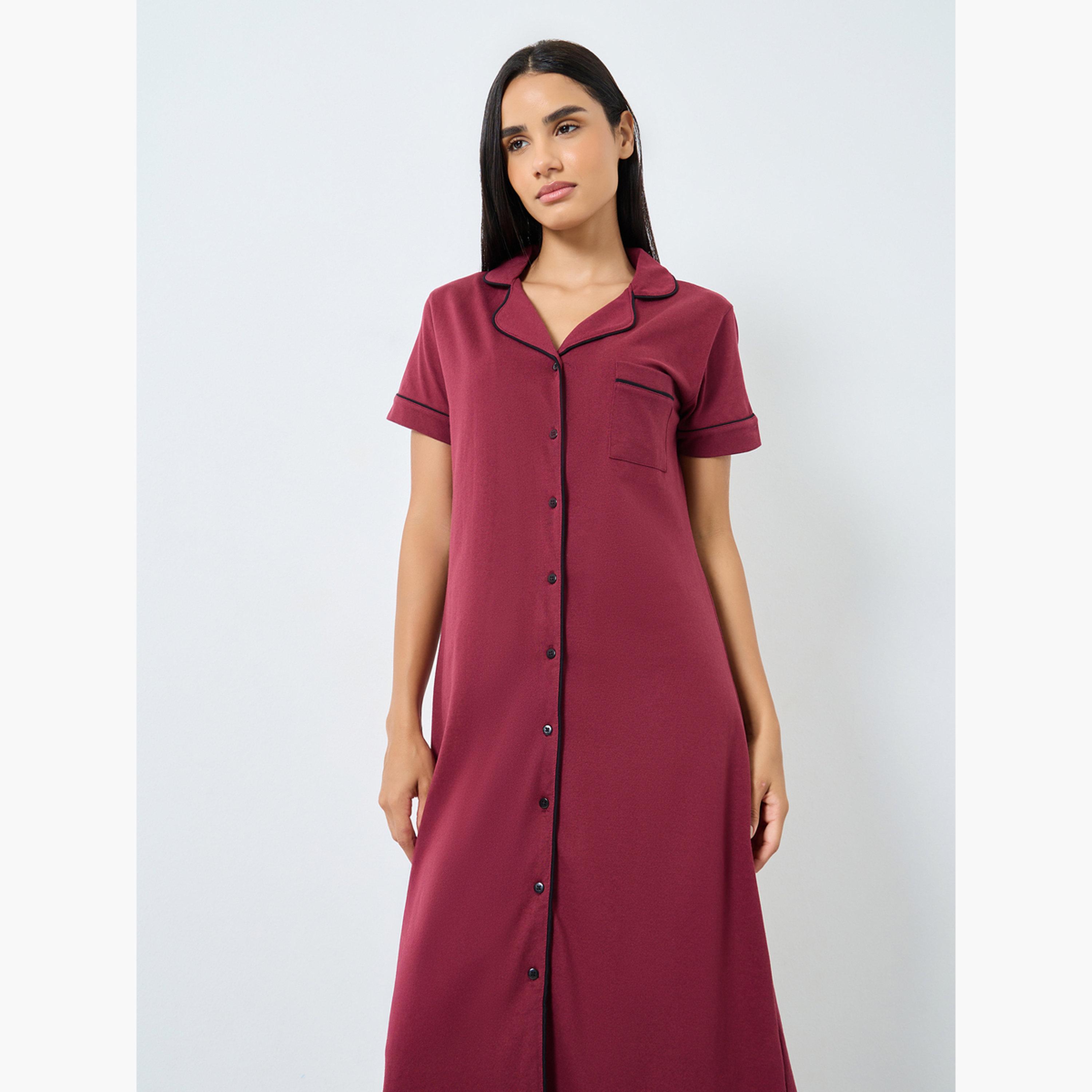 Styli Contrast Piping Buttoned Night Shirt with Pocket-women-clothing-nightwear-nighties-image-3