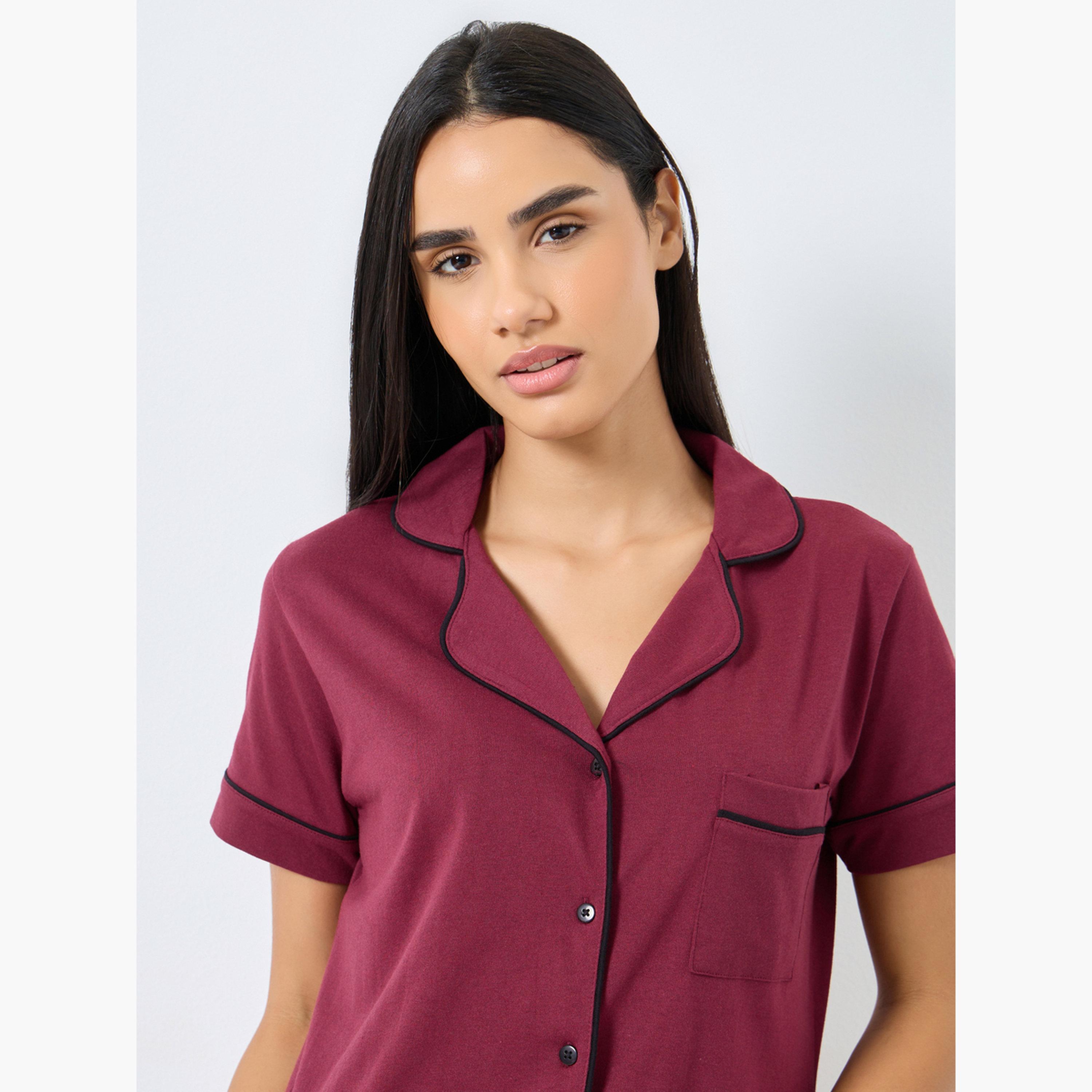 Styli Contrast Piping Buttoned Night Shirt with Pocket-women-clothing-nightwear-nighties-image-4