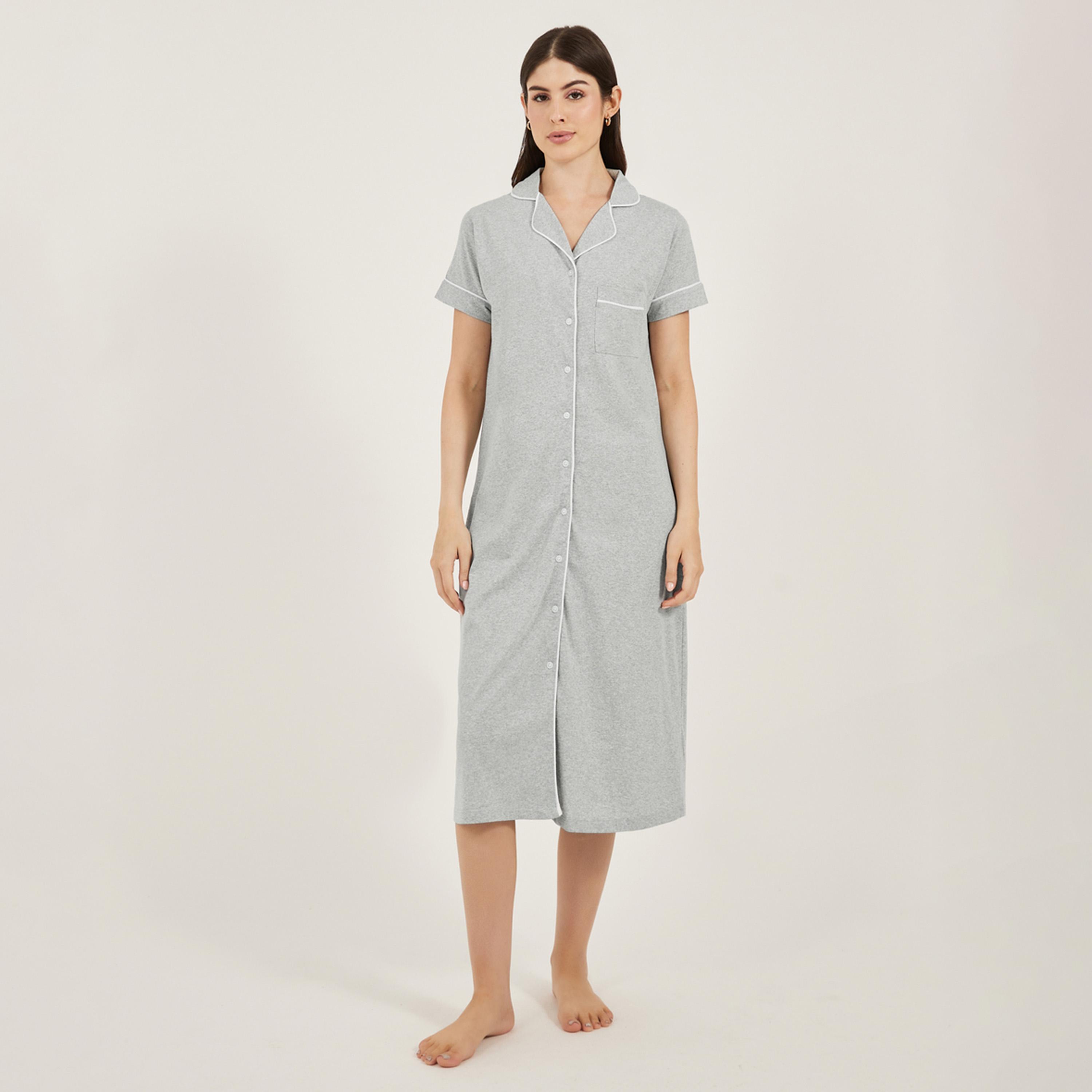 Styli Contrast Piping Buttoned Night Shirt with Pocket-women-clothing-nightwear-nighties-image-1