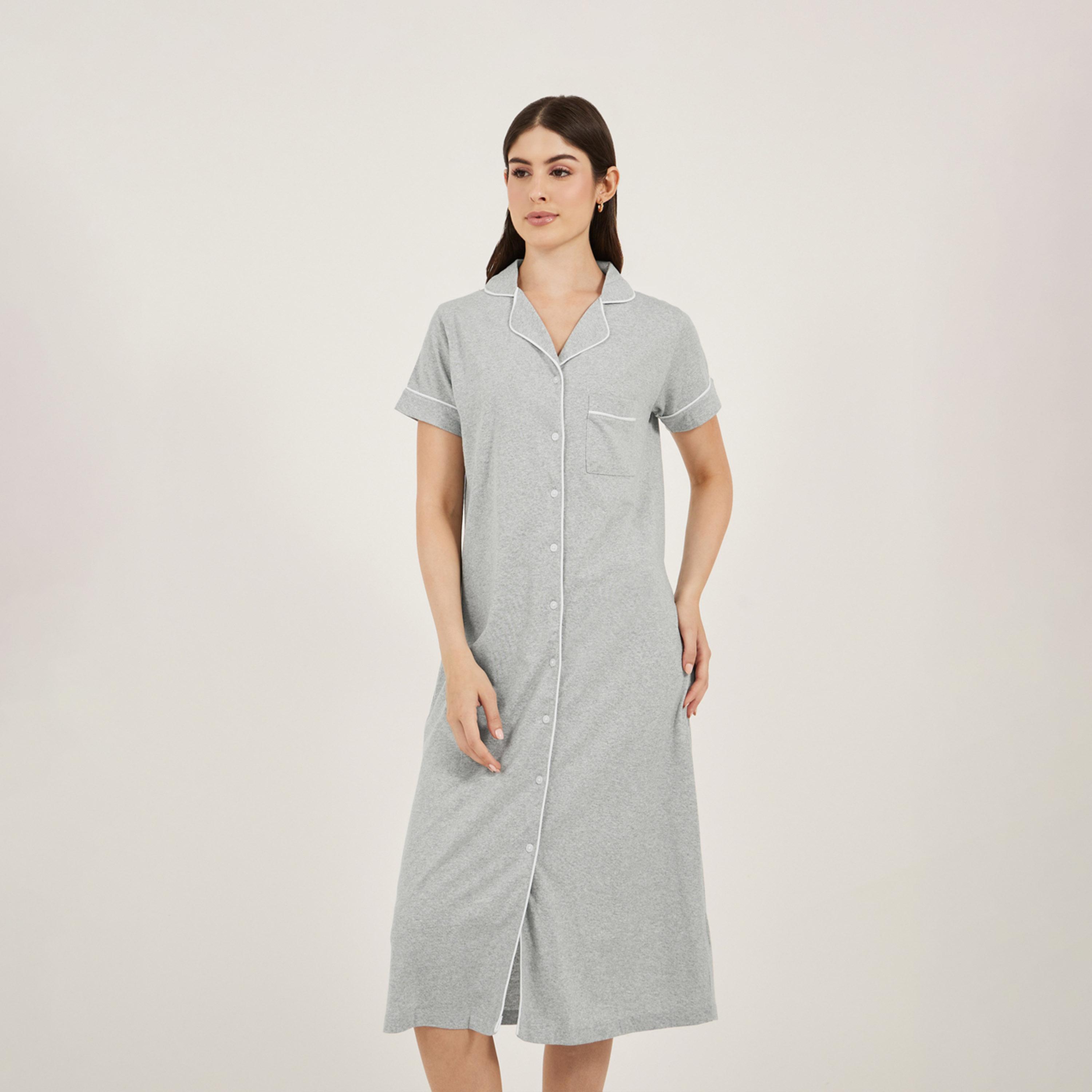Styli Contrast Piping Buttoned Night Shirt with Pocket-women-clothing-nightwear-nighties-image-2