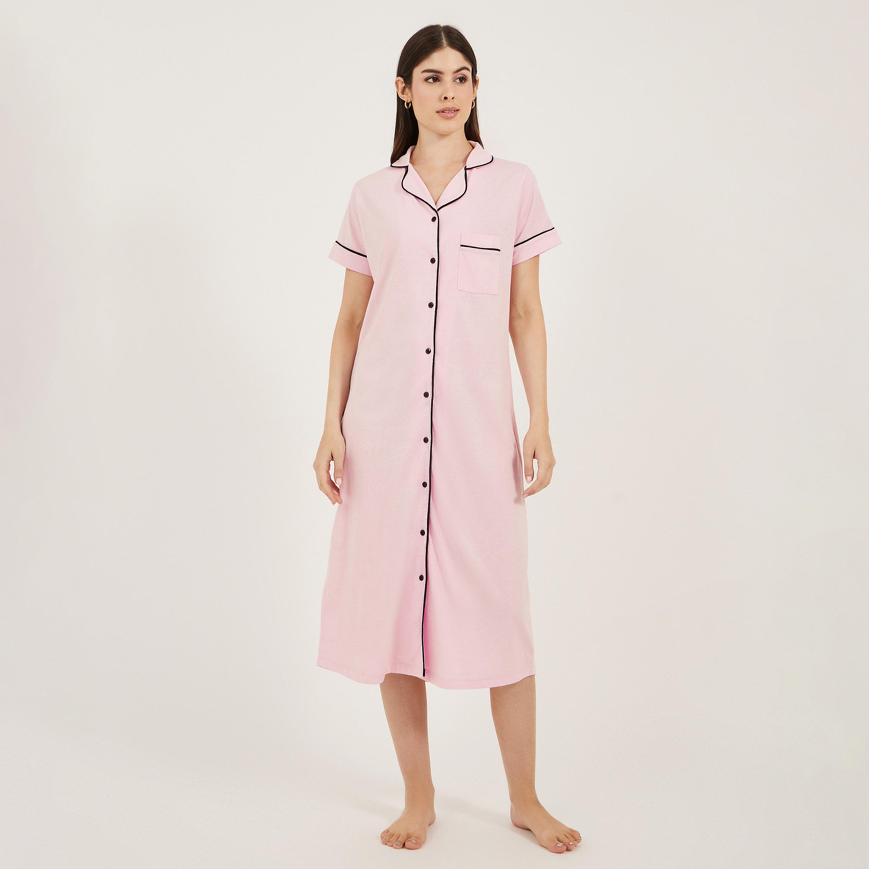 ستايلي - قميص نوم بأزرار وجيب وحواف متباينة-women-clothing-nightwear-nighties-image-2