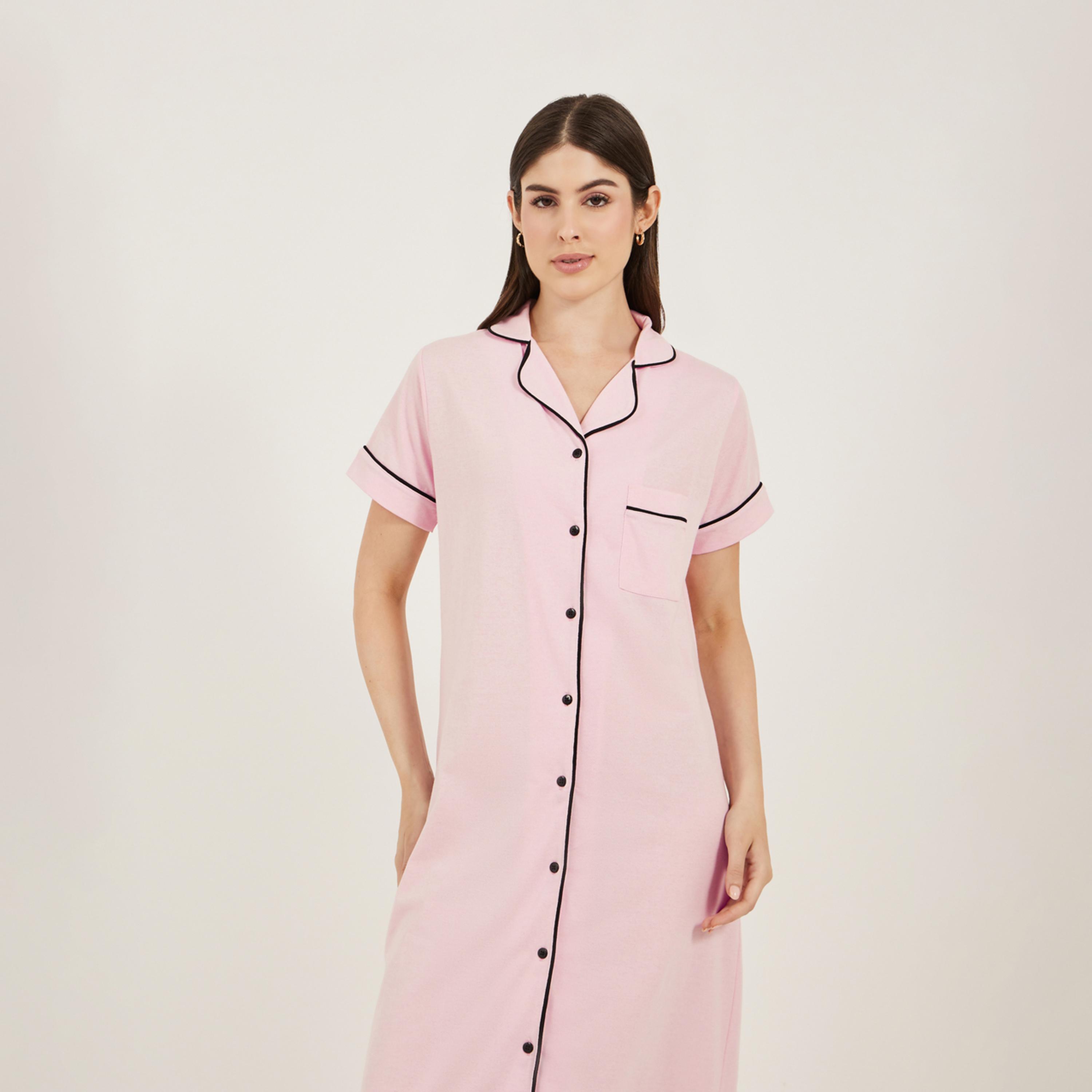 ستايلي - قميص نوم بأزرار وجيب وحواف متباينة-women-clothing-nightwear-nighties-image-3