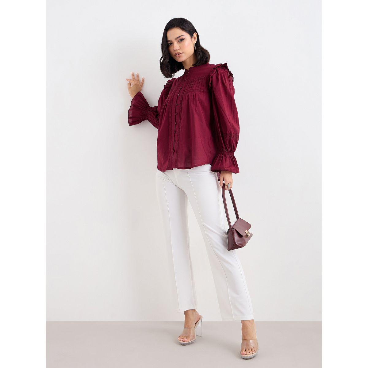 Styli Burgundy Ruffled Blouse with Lace Detail-women-clothing-shirtsandblouses-blouses-image-1