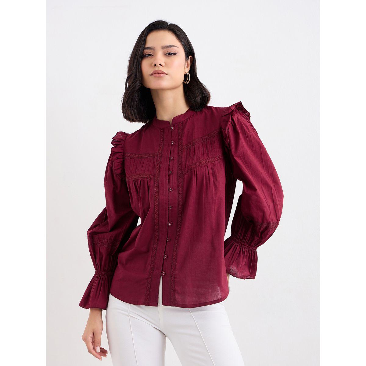 بلوزة بتفاصيل كشكش مع تداخلات دانتيل-women-clothing-shirtsandblouses-blouses-image-2