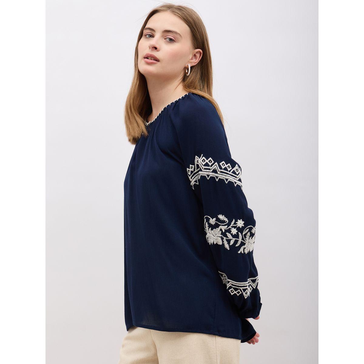 Styli Embroidered Keyhole Neck Blouse with Balloon Sleeves-women-clothing-shirtsandblouses-blouses-image-3