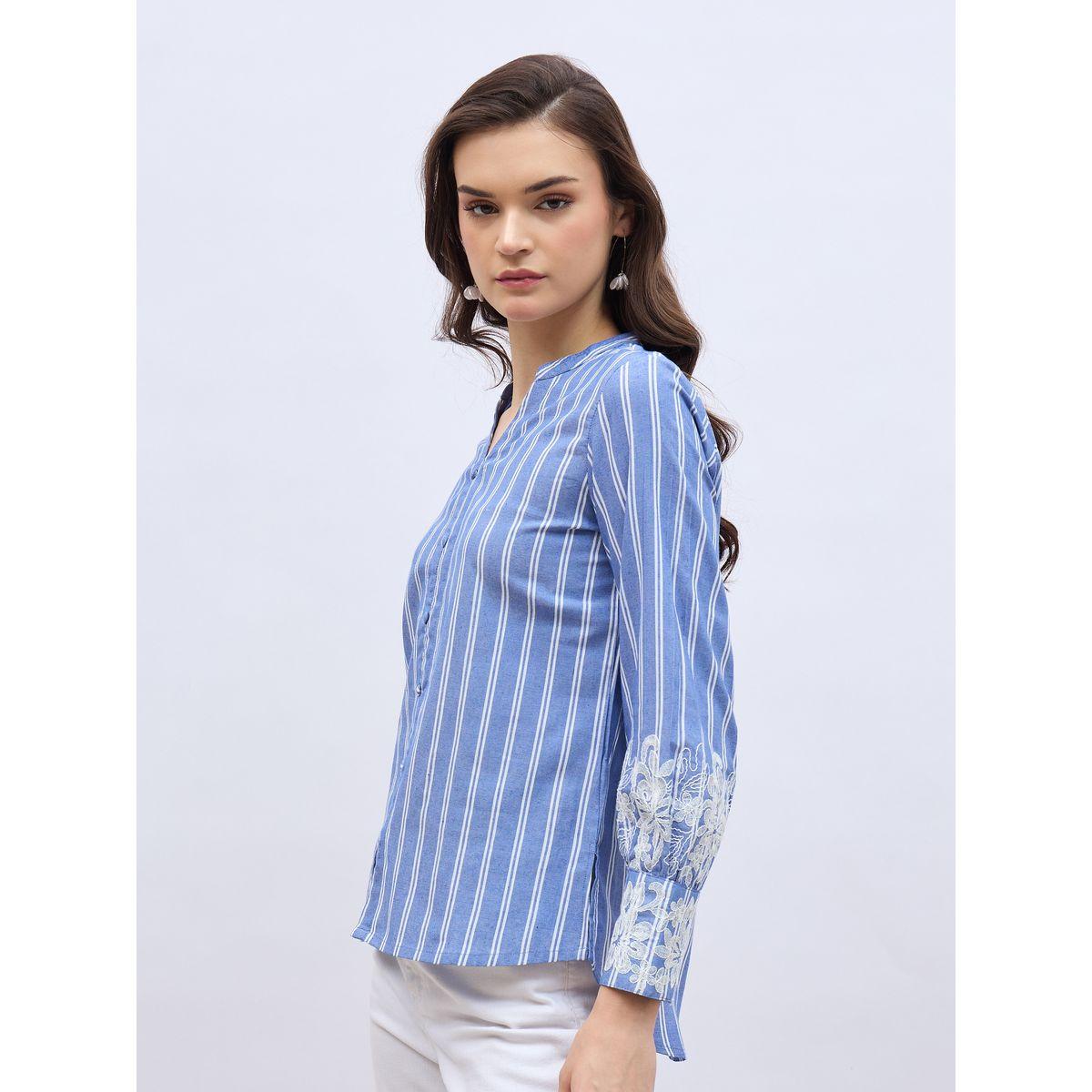 Styli Striped Buttoned Blouse with Lace Detail-women-clothing-shirtsandblouses-blouses-image-3
