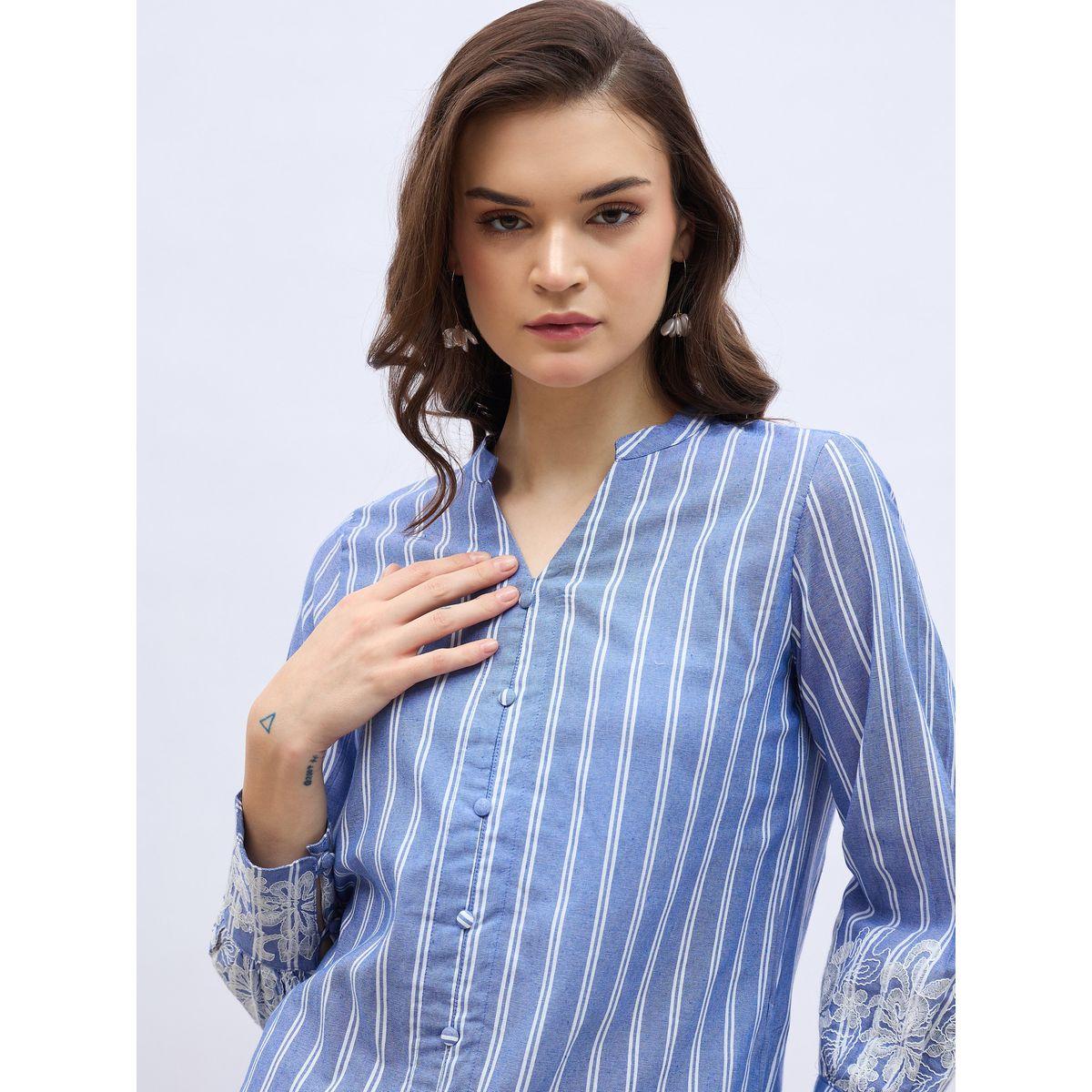 Styli Striped Buttoned Blouse with Lace Detail-women-clothing-shirtsandblouses-blouses-image-4