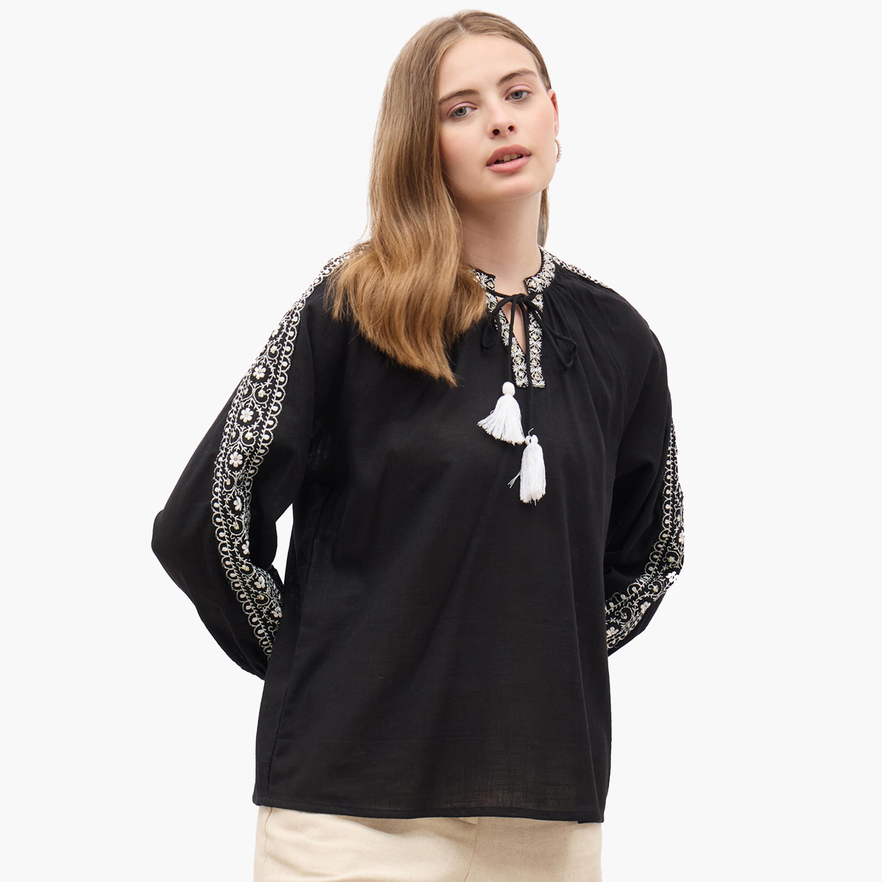 Styli Embroidered Balloon Sleeve Tie-Up Neck Top-women-clothing-shirtsandblouses-blouses-image-1