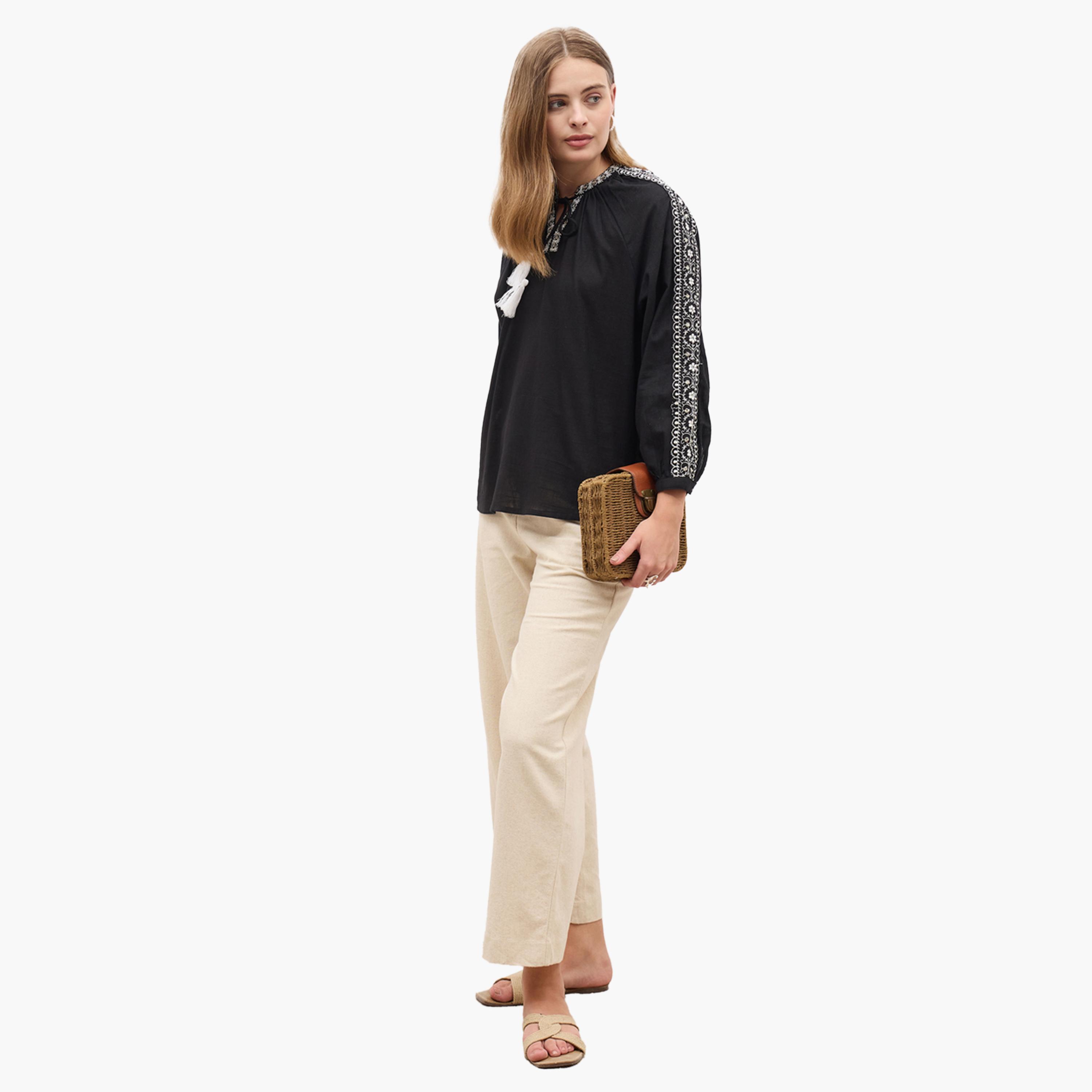 Styli Embroidered Balloon Sleeve Tie-Up Neck Top-women-clothing-shirtsandblouses-blouses-image-2