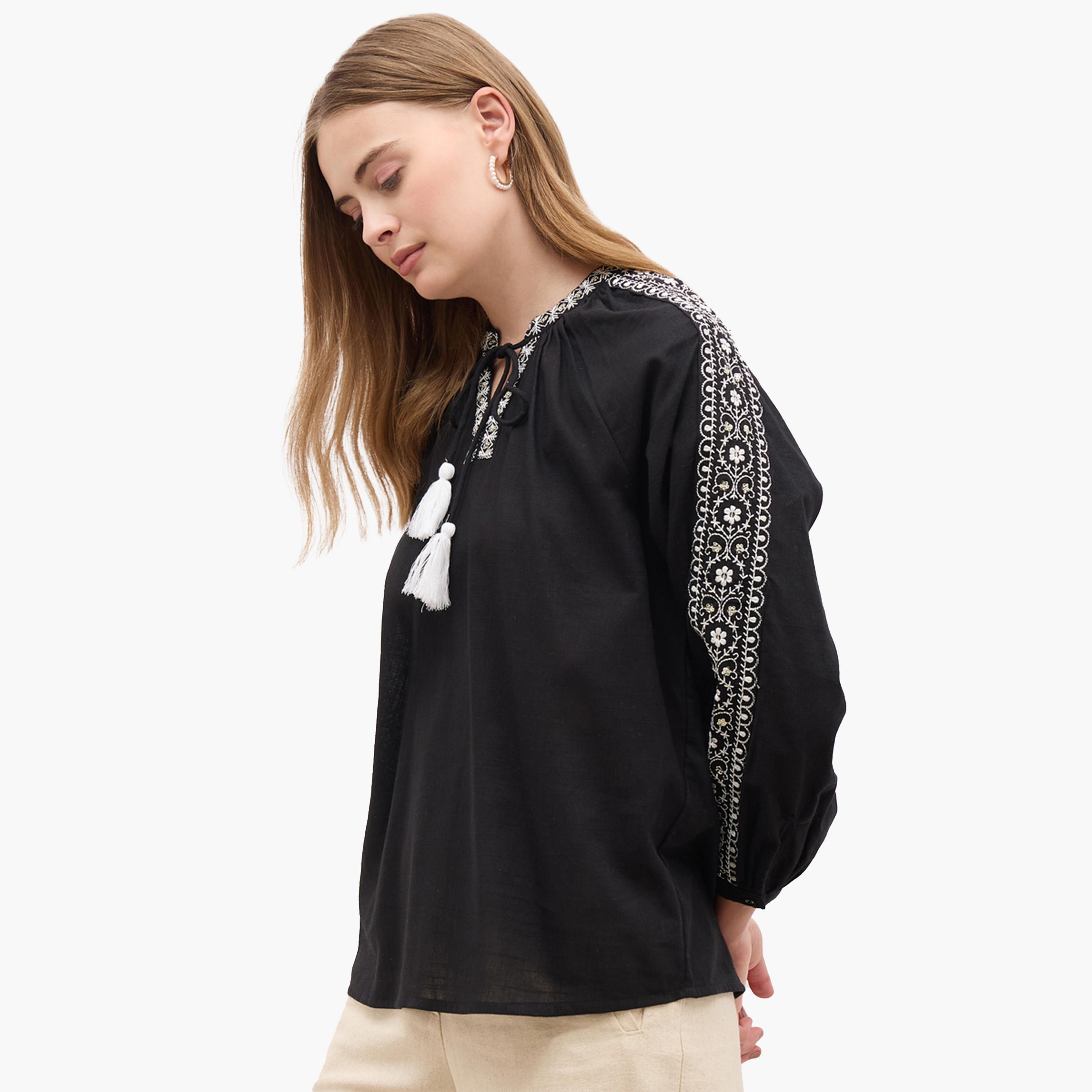 Styli Embroidered Balloon Sleeve Tie-Up Neck Top-women-clothing-shirtsandblouses-blouses-image-3