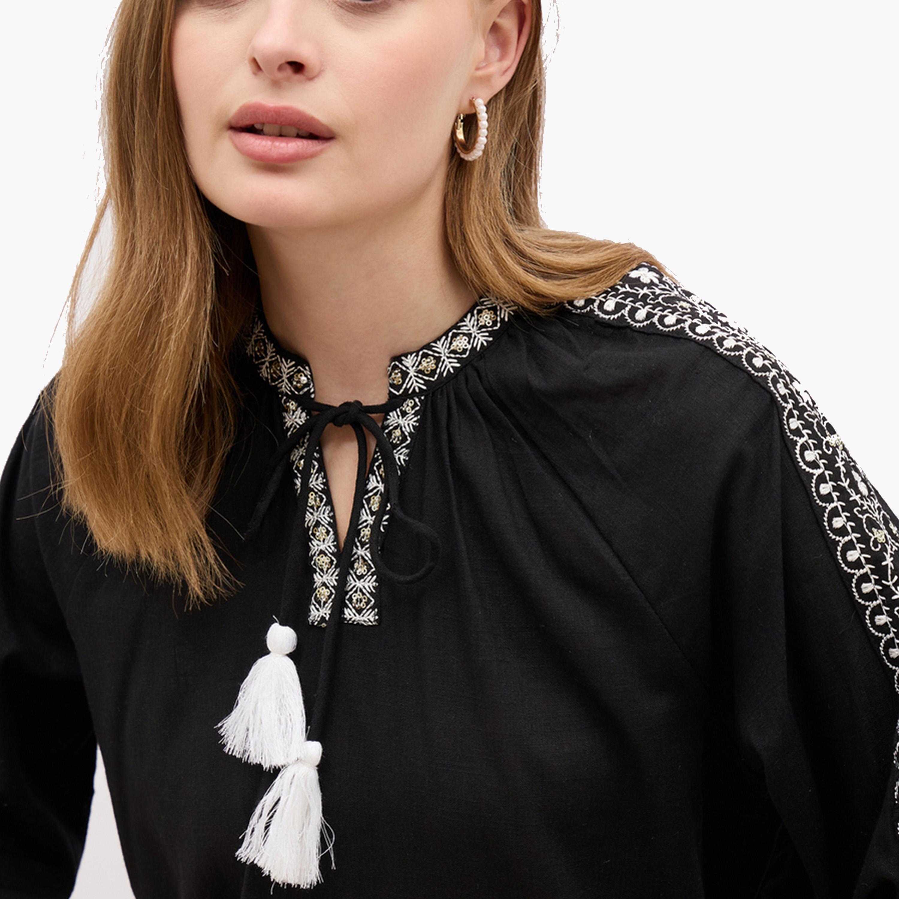 Styli Embroidered Balloon Sleeve Tie-Up Neck Top-women-clothing-shirtsandblouses-blouses-image-4