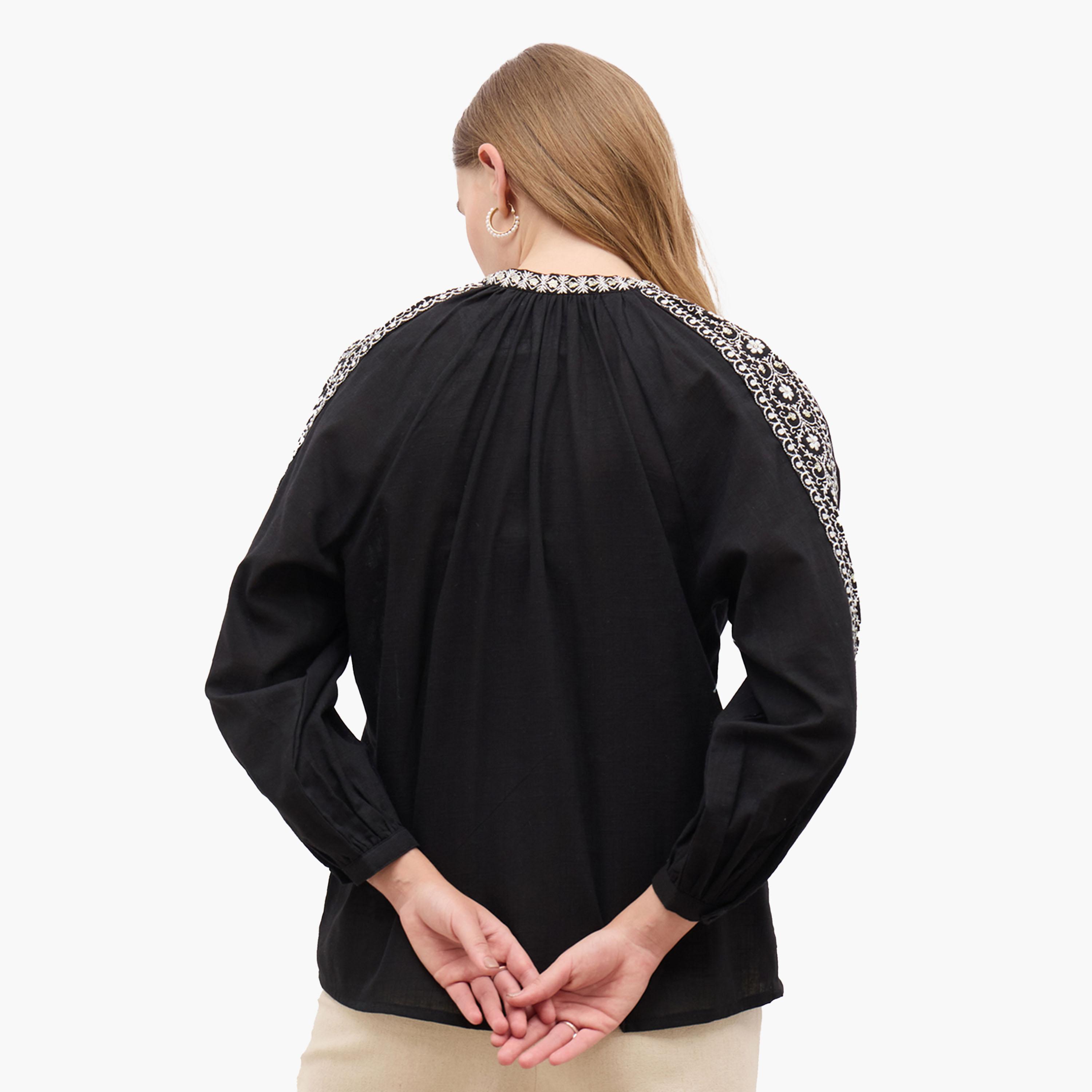 Styli Embroidered Balloon Sleeve Tie-Up Neck Top-women-clothing-shirtsandblouses-blouses-image-5