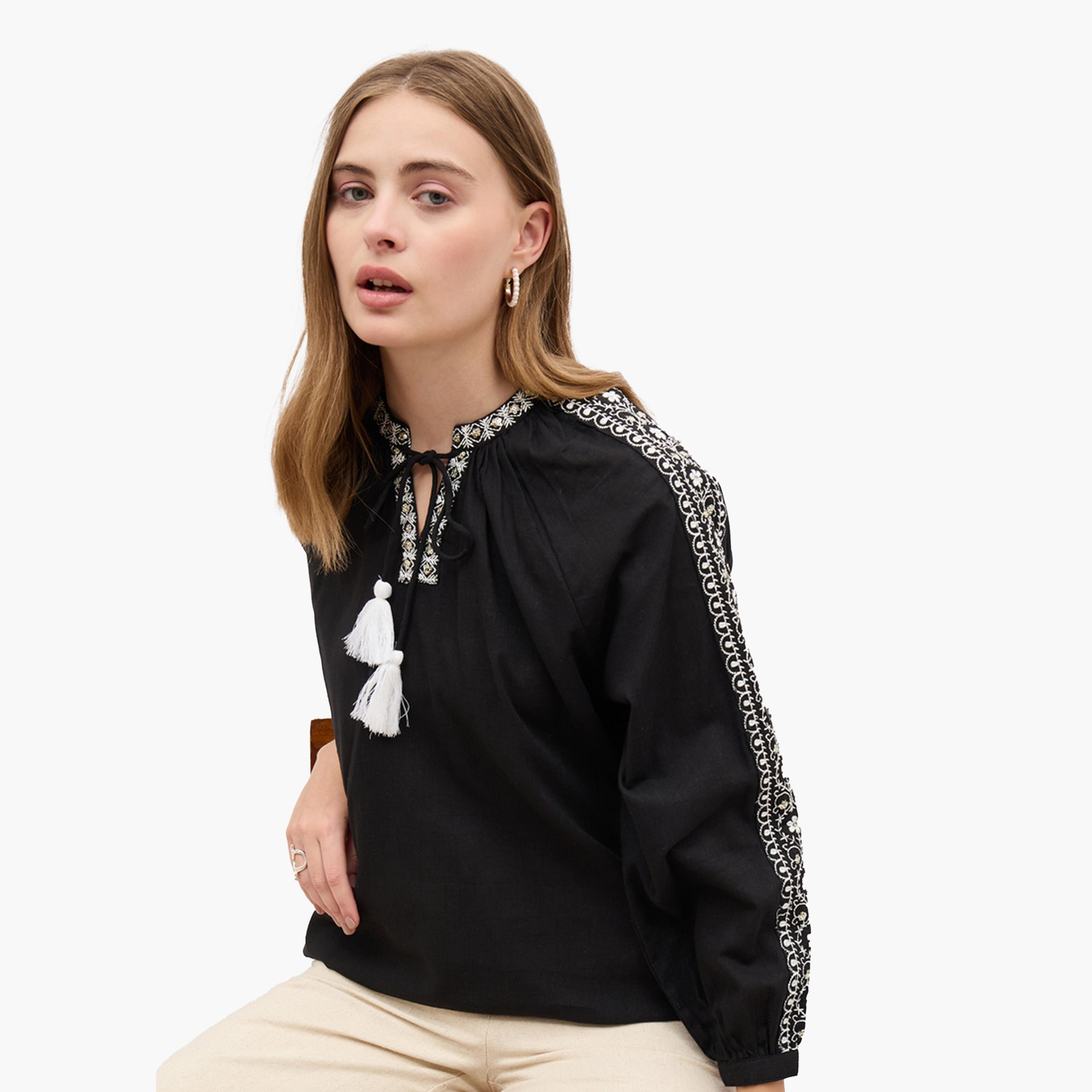 Styli Embroidered Balloon Sleeve Tie-Up Neck Top-women-clothing-shirtsandblouses-blouses-image-6