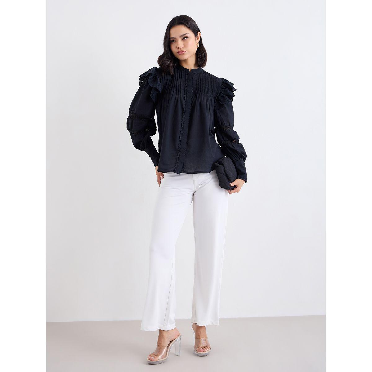 Styli Black Ruffled Pintuck Blouse-women-clothing-shirtsandblouses-blouses-image-1