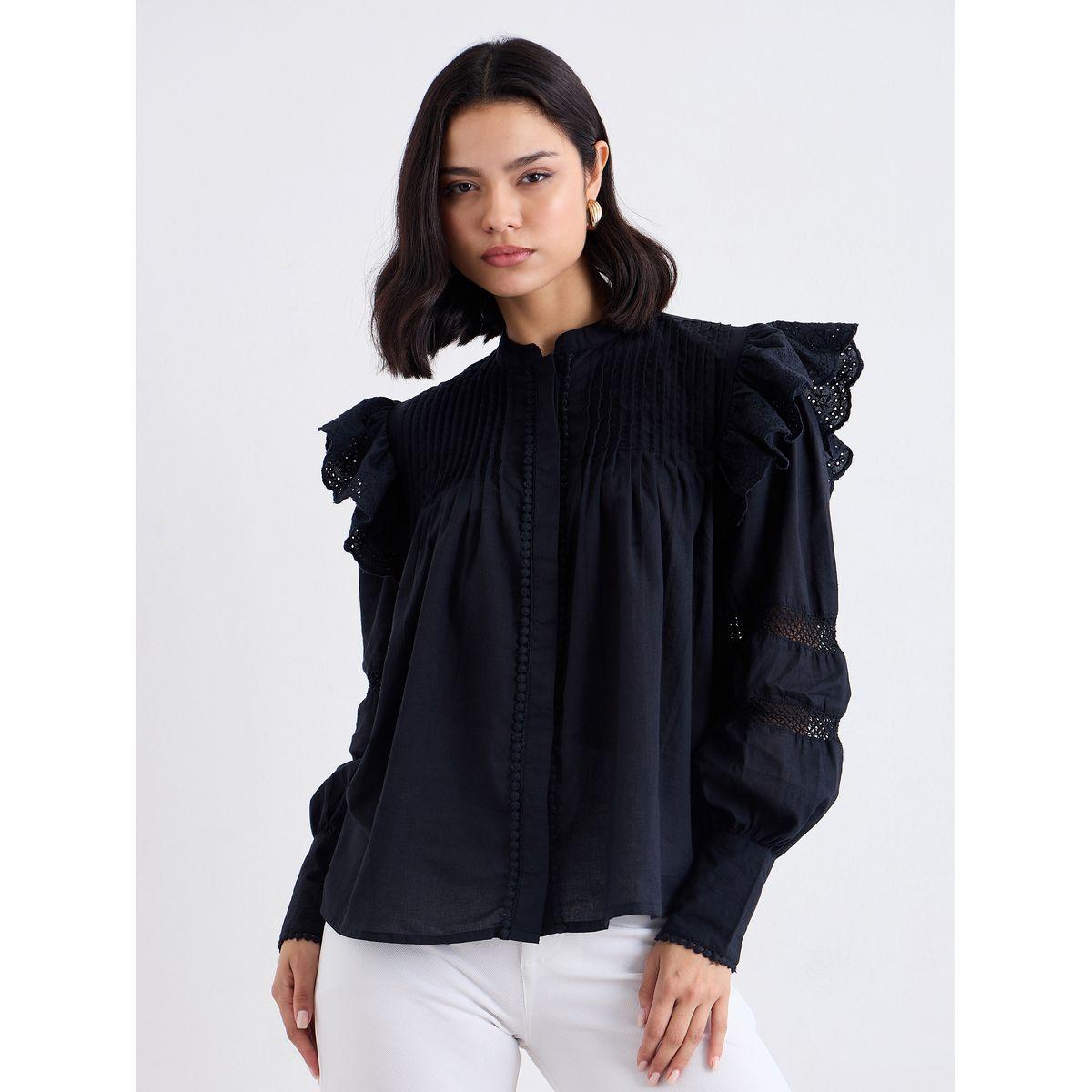 بلوزة بتفاصيل محزوزة مع كشكش-women-clothing-shirtsandblouses-blouses-image-2