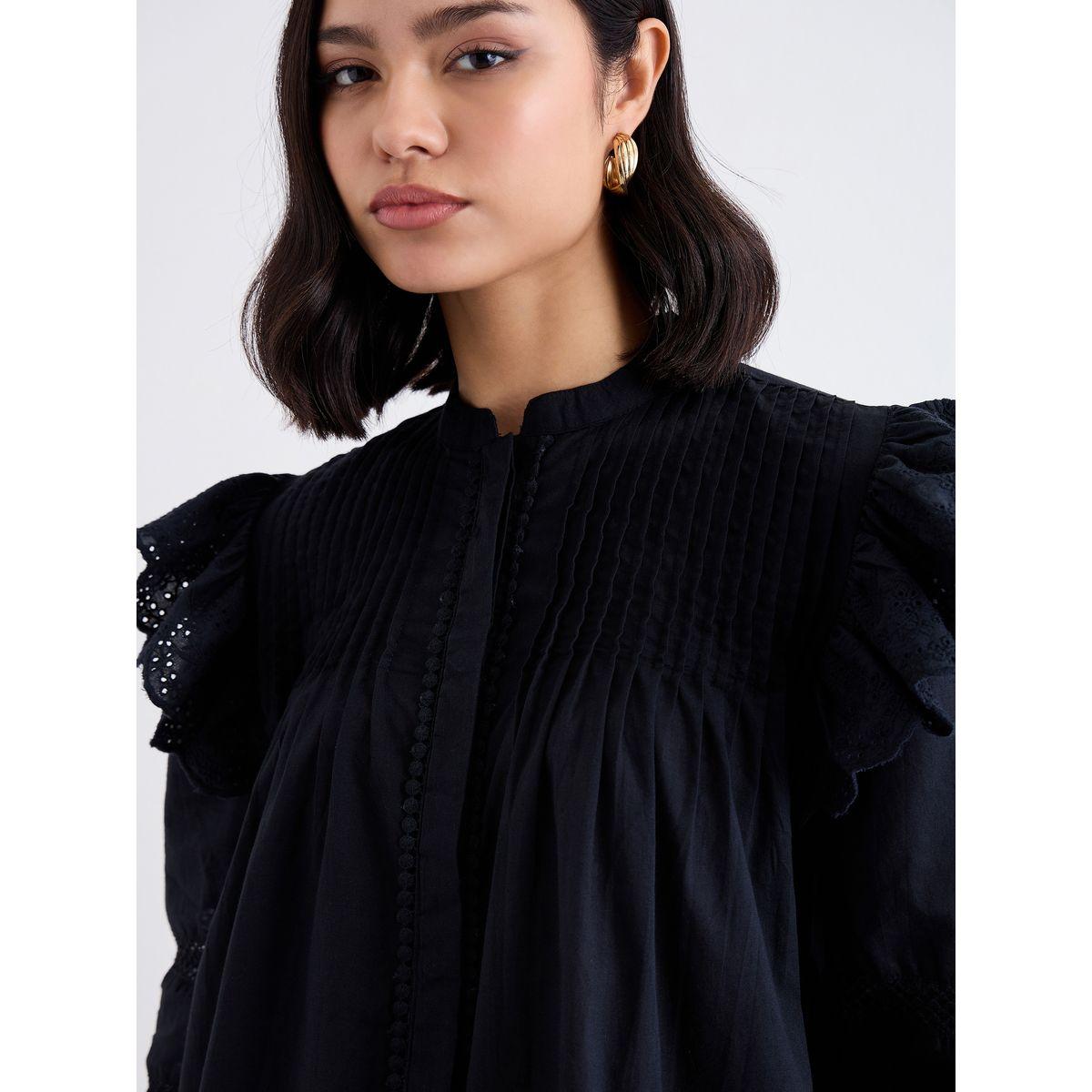 Styli Black Ruffled Pintuck Blouse-women-clothing-shirtsandblouses-blouses-image-3
