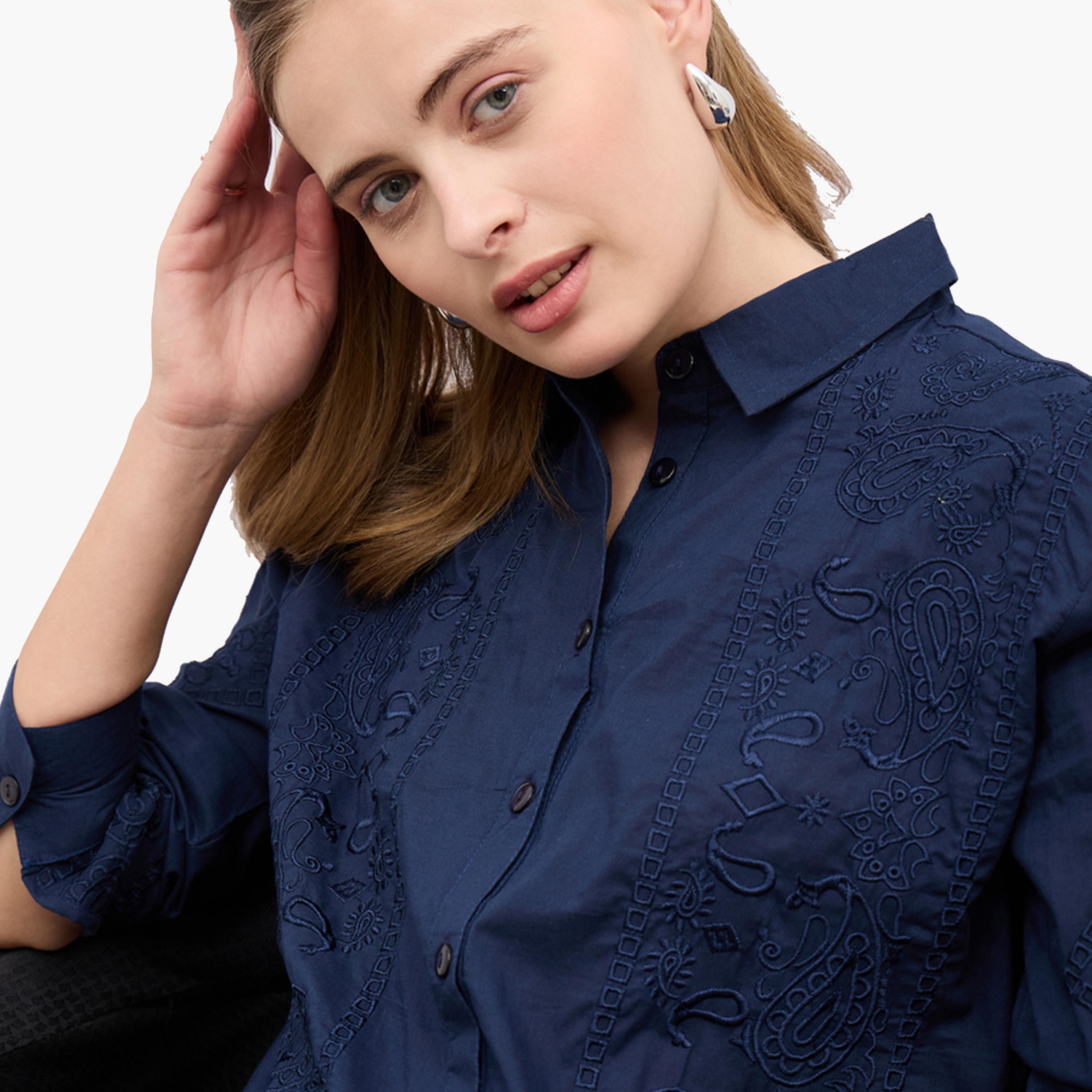 ستايلي-  قميص مطرز قصّة عادية وياقة واسعة-women-clothing-shirtsandblouses-shirts-image-4