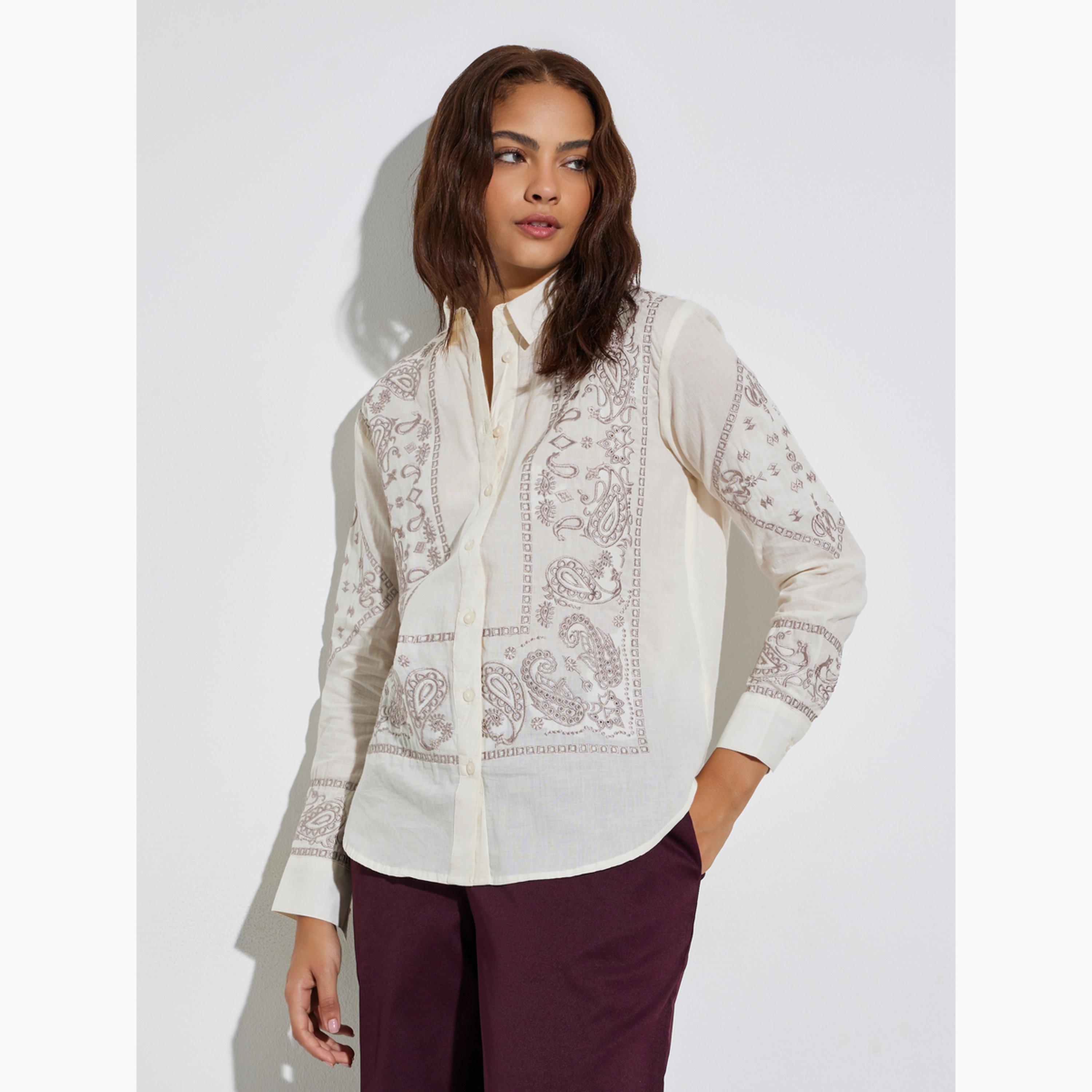 Styli Off White Long Sleeve Paisley Embroidered Shirt-women-clothing-shirtsandblouses-shirts-image-3