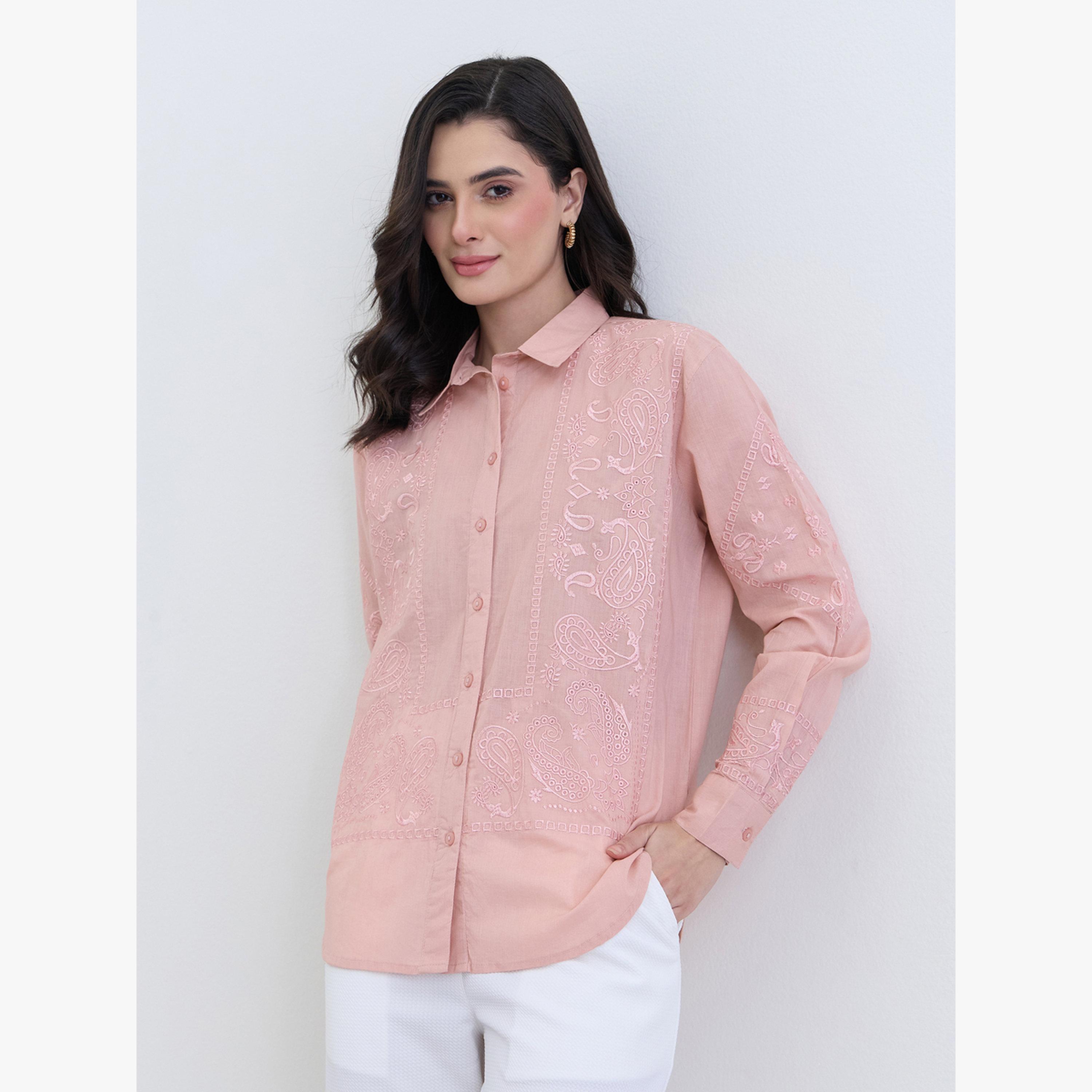 Styli Pink Embroidered Regular Fit Shirt-women-clothing-shirtsandblouses-shirts-image-1