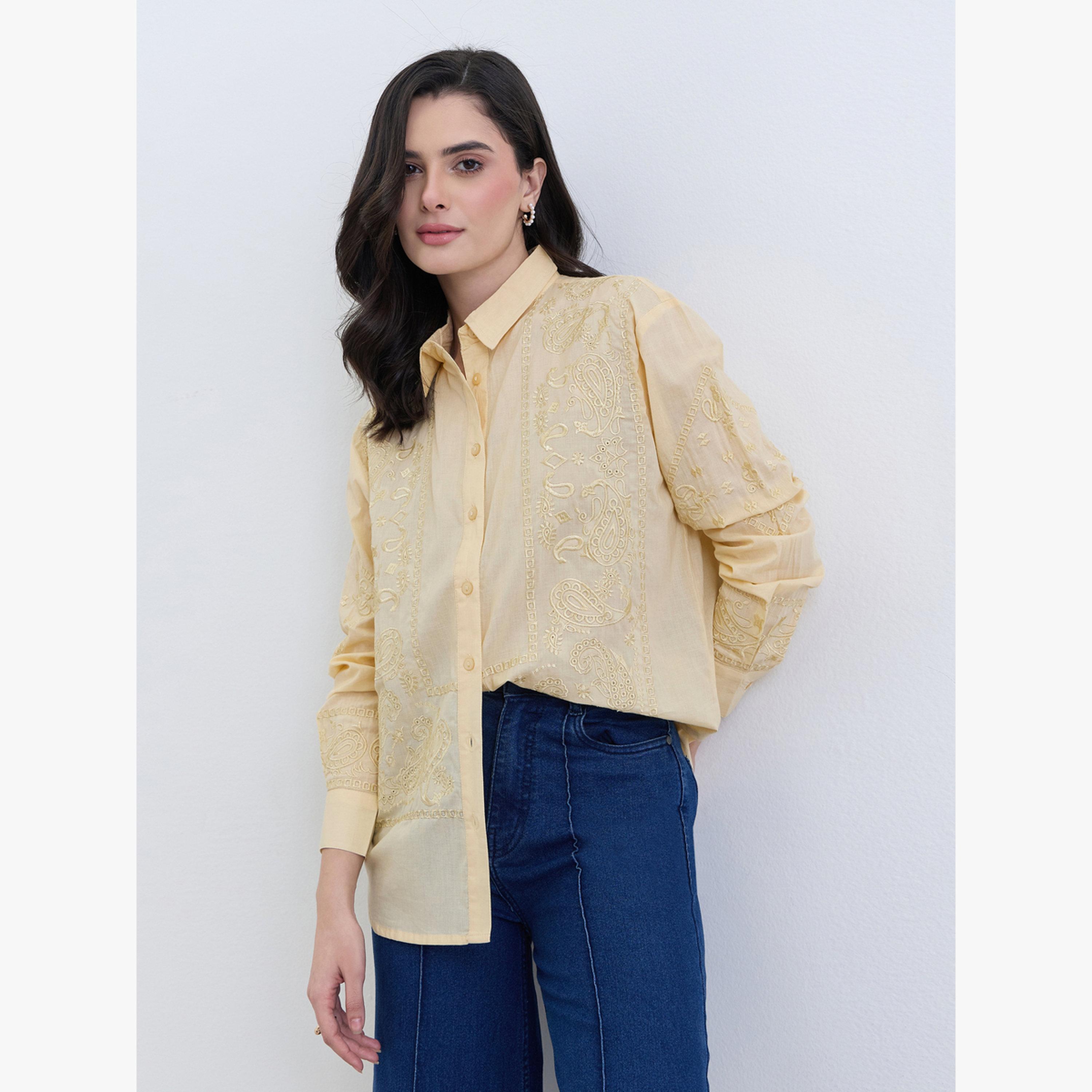 Styli Yellow Embroidered Regular Fit Shirt-women-clothing-shirtsandblouses-shirts-image-3