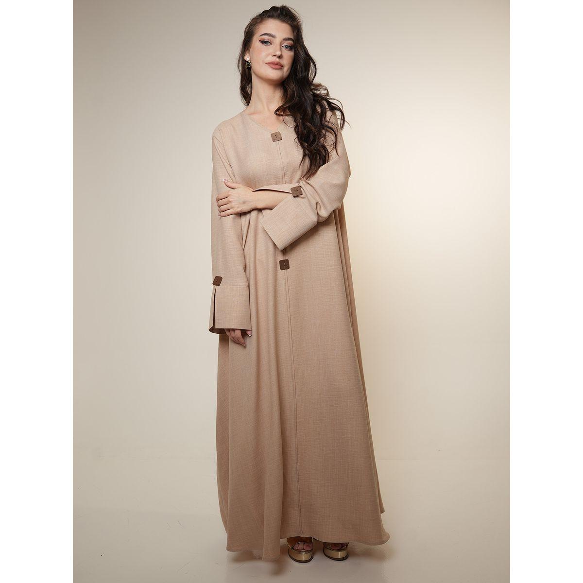 Elena by DStyle X Styli  Wooden Button Accent Melange Jalabiya with Sheila-women-arabicclothing-jalabiyas-image-1