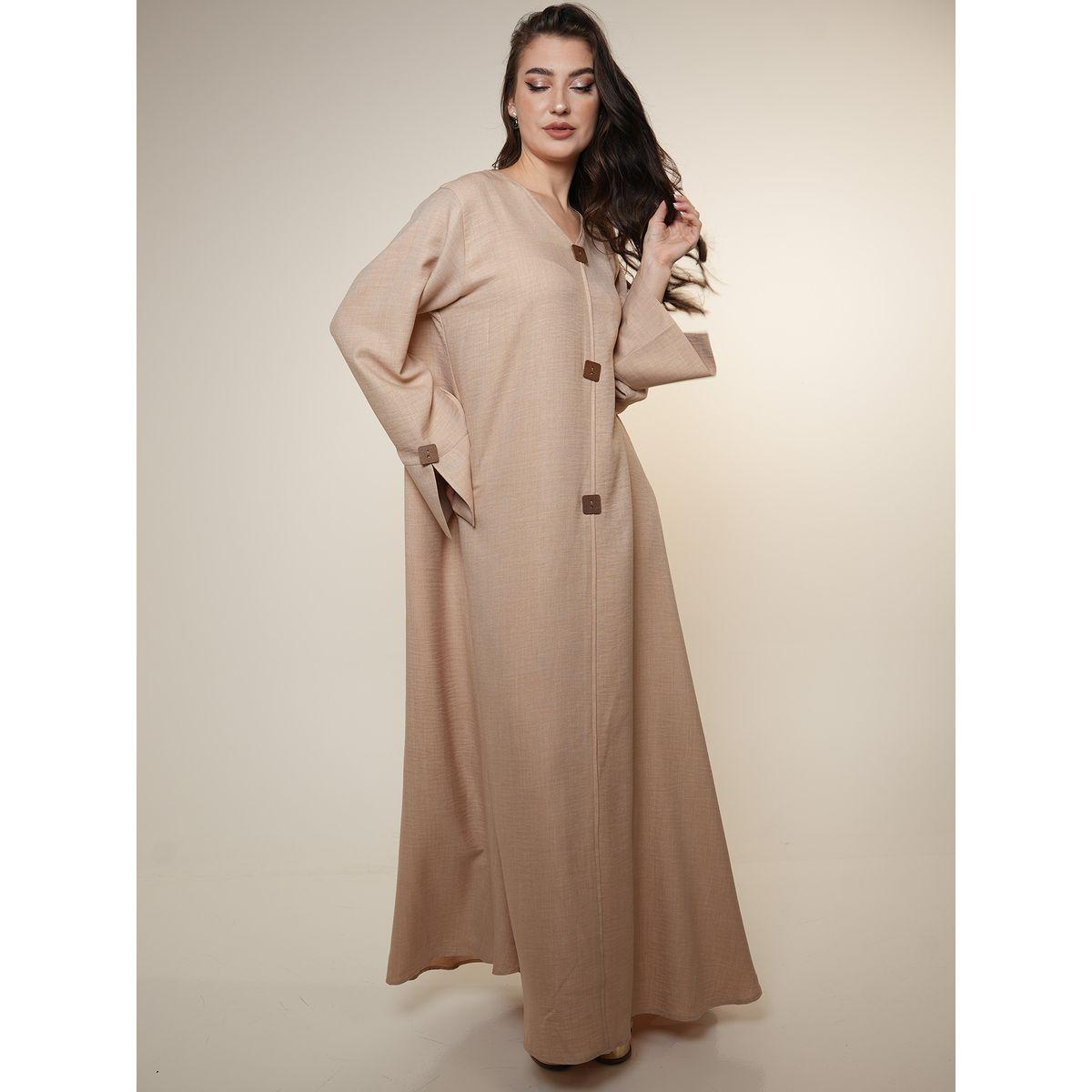 Elena by DStyle X Styli  Wooden Button Accent Melange Jalabiya with Sheila-women-arabicclothing-jalabiyas-image-4