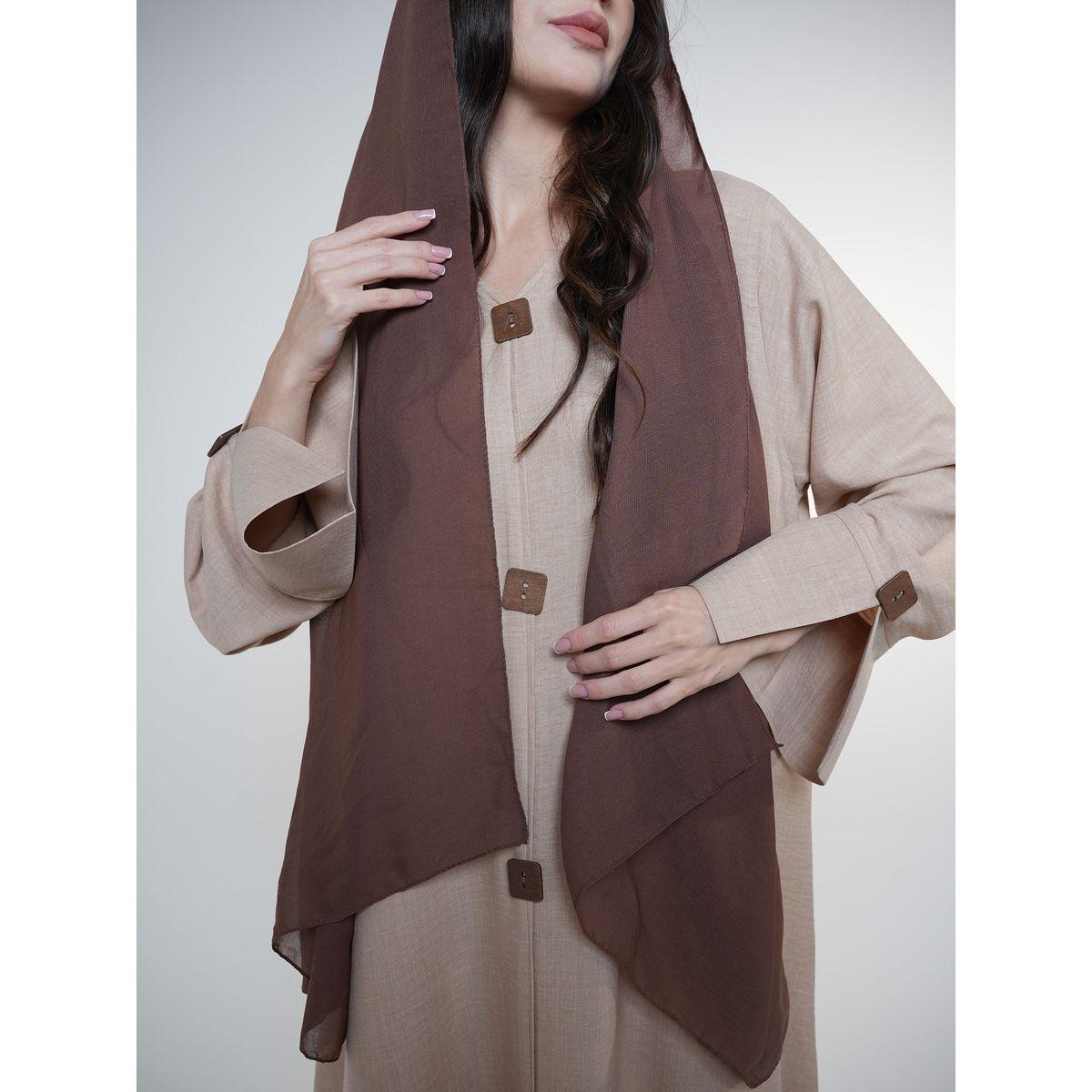 Elena by DStyle X Styli  Wooden Button Accent Melange Jalabiya with Sheila-women-arabicclothing-jalabiyas-image-6