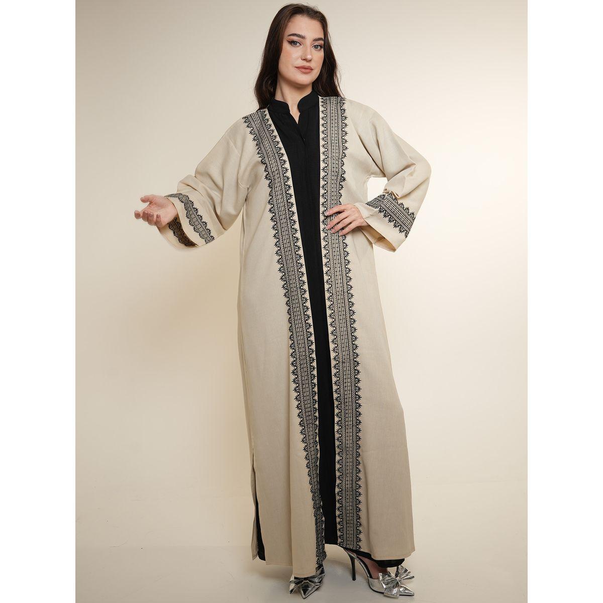 Elena by DStyle X Styli  Embroidered Trim Open Front Abaya-women-arabicclothing-abayas-image-1