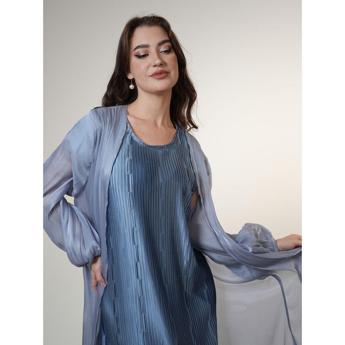 Elena by DStyle X Styli  Semi Sheer Abaya with Plisse Under Dress Set-women-arabicclothing-abayas-image-4