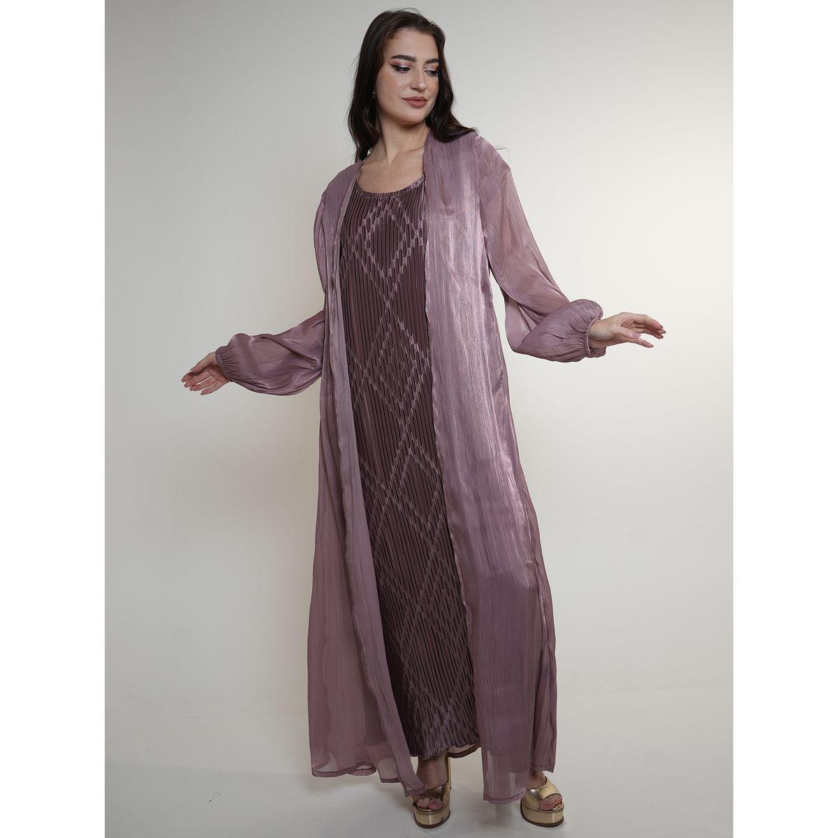 Elena by DStyle X Styli  Semi Sheer Abaya with Plisse Under Dress Set-women-arabicclothing-abayas-image-1