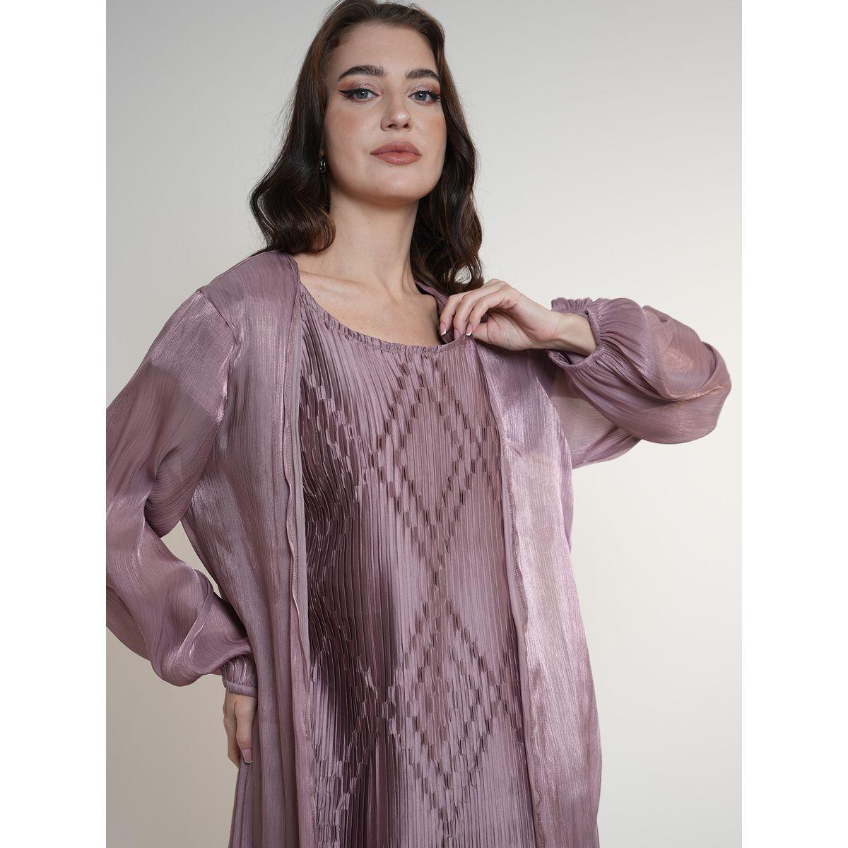 Elena by DStyle X Styli  Semi Sheer Abaya with Plisse Under Dress Set-women-arabicclothing-abayas-image-3