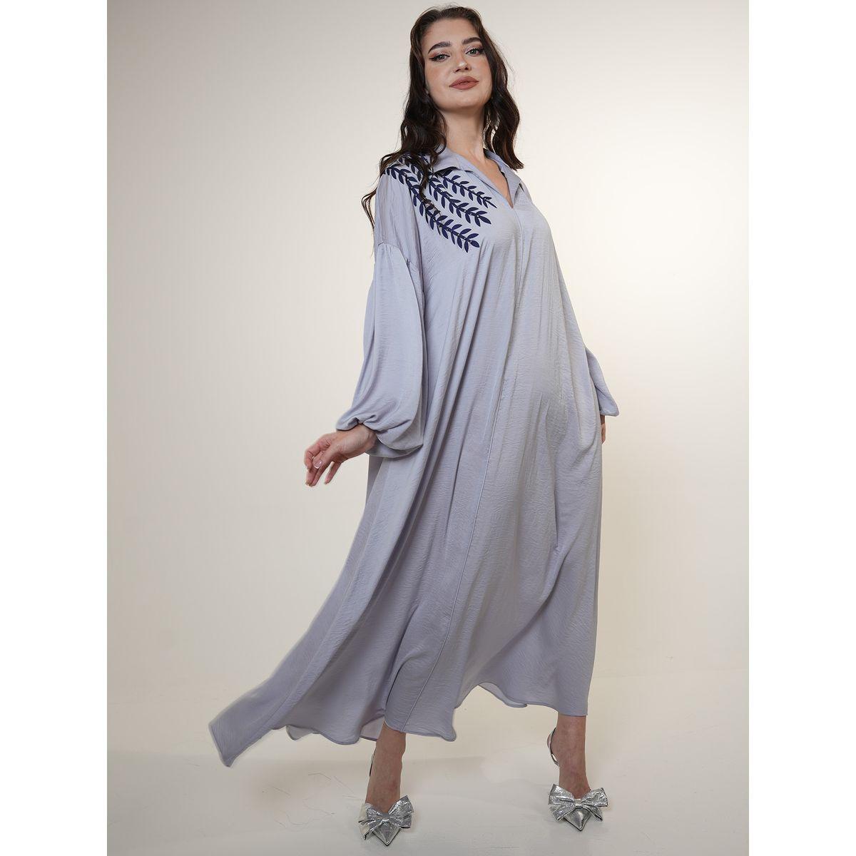 Elena by DStyle X Styli  Leaf Print Matte Satin Jalabiya with Tie Belt-women-arabicclothing-jalabiyas-image-1