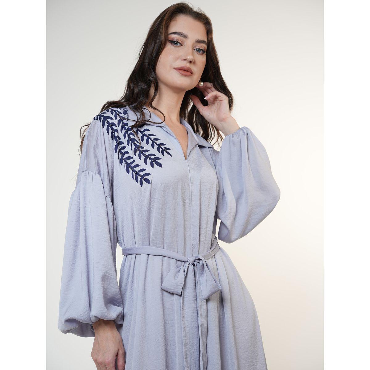 Elena by DStyle X Styli  Leaf Print Matte Satin Jalabiya with Tie Belt-women-arabicclothing-jalabiyas-image-6
