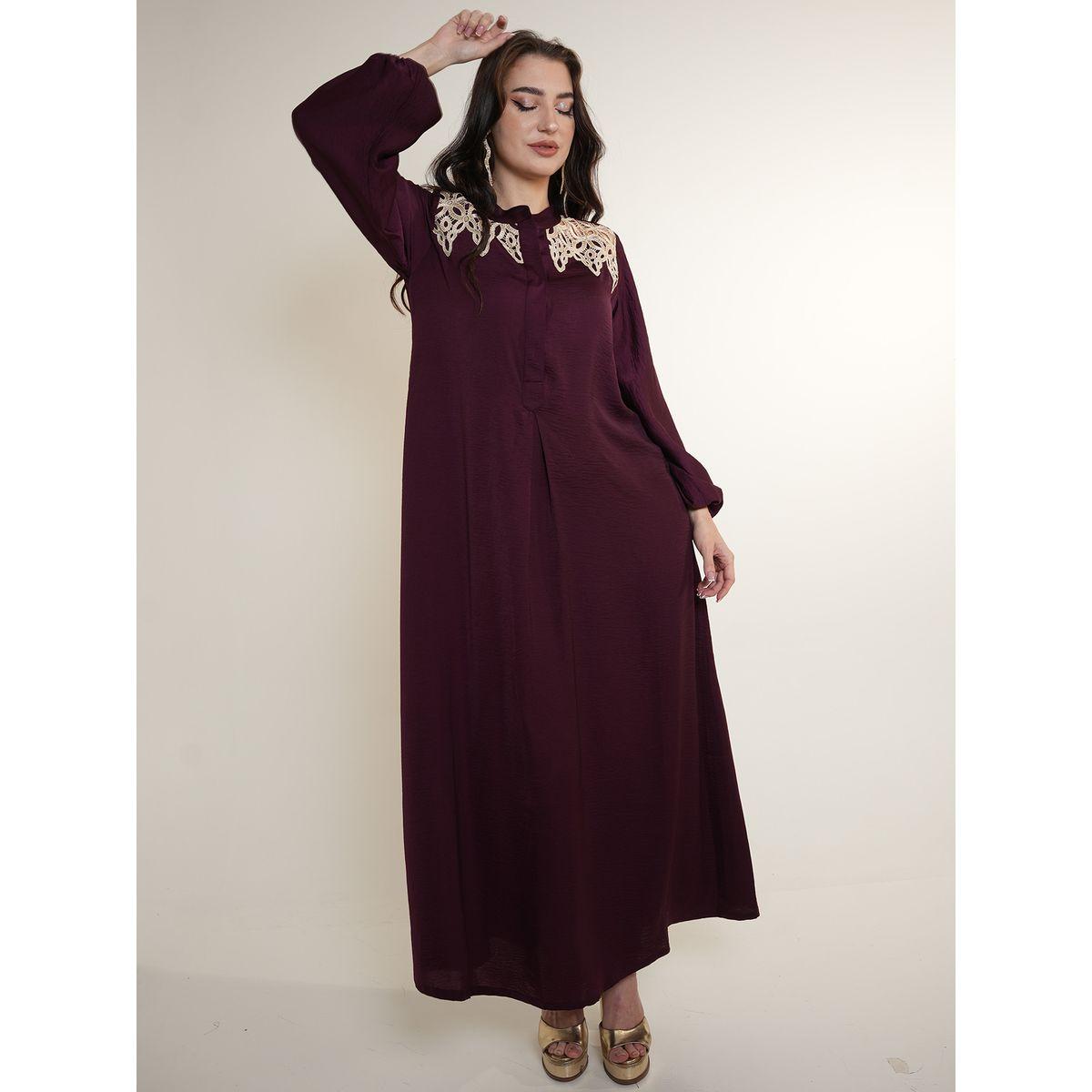 Elena by DStyle X Styli  Lace Insert Collared Matte Satin Jalabiya-women-arabicclothing-jalabiyas-image-1