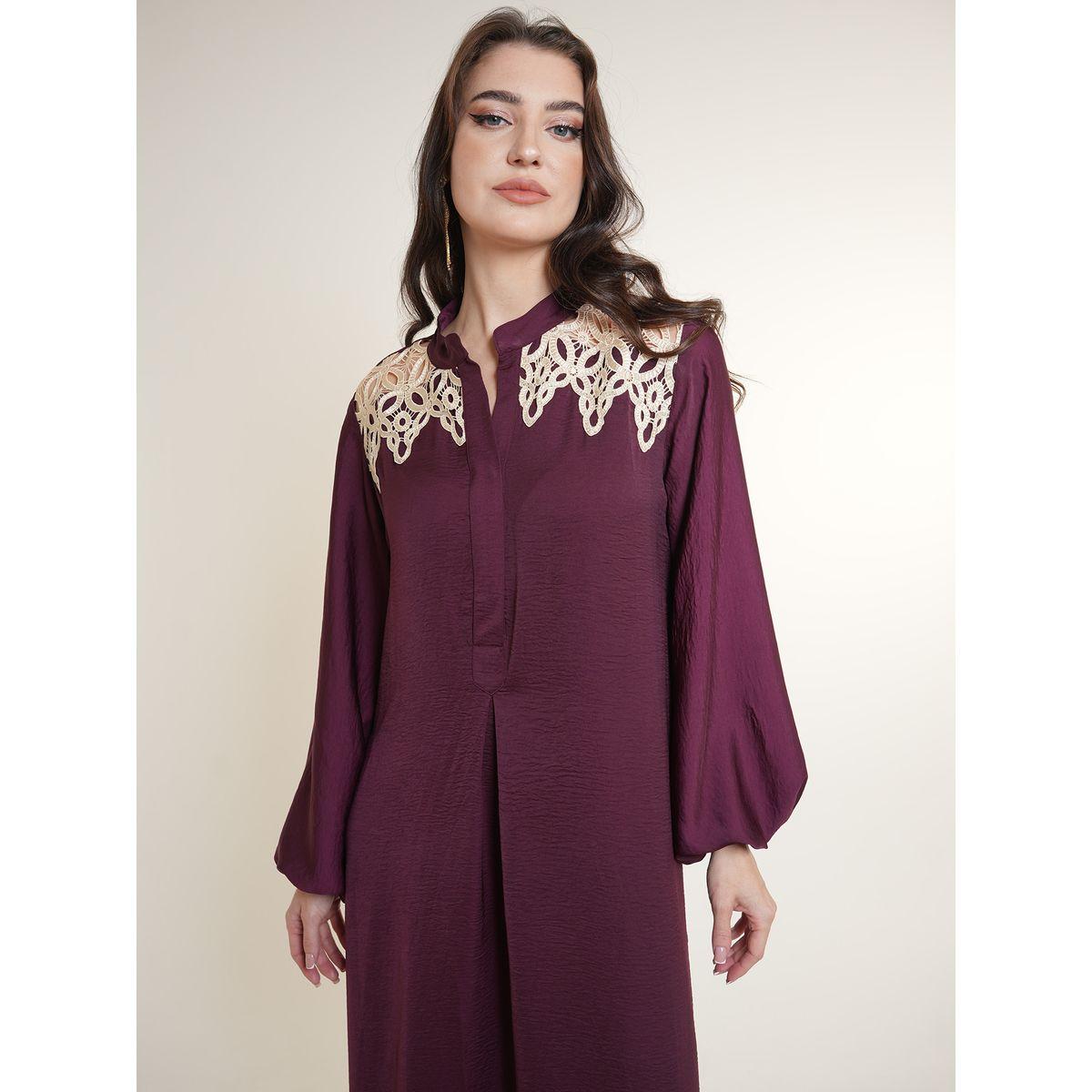 Elena by DStyle X Styli  Lace Insert Collared Matte Satin Jalabiya-women-arabicclothing-jalabiyas-image-6