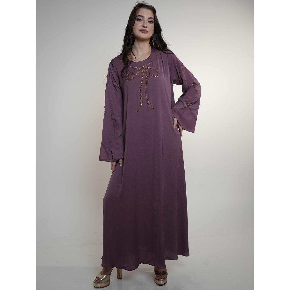 Elena by DStyle X Styli  Matte Satin Jalabiya with Bow Beaded Handwork-women-arabicclothing-jalabiyas-image-1